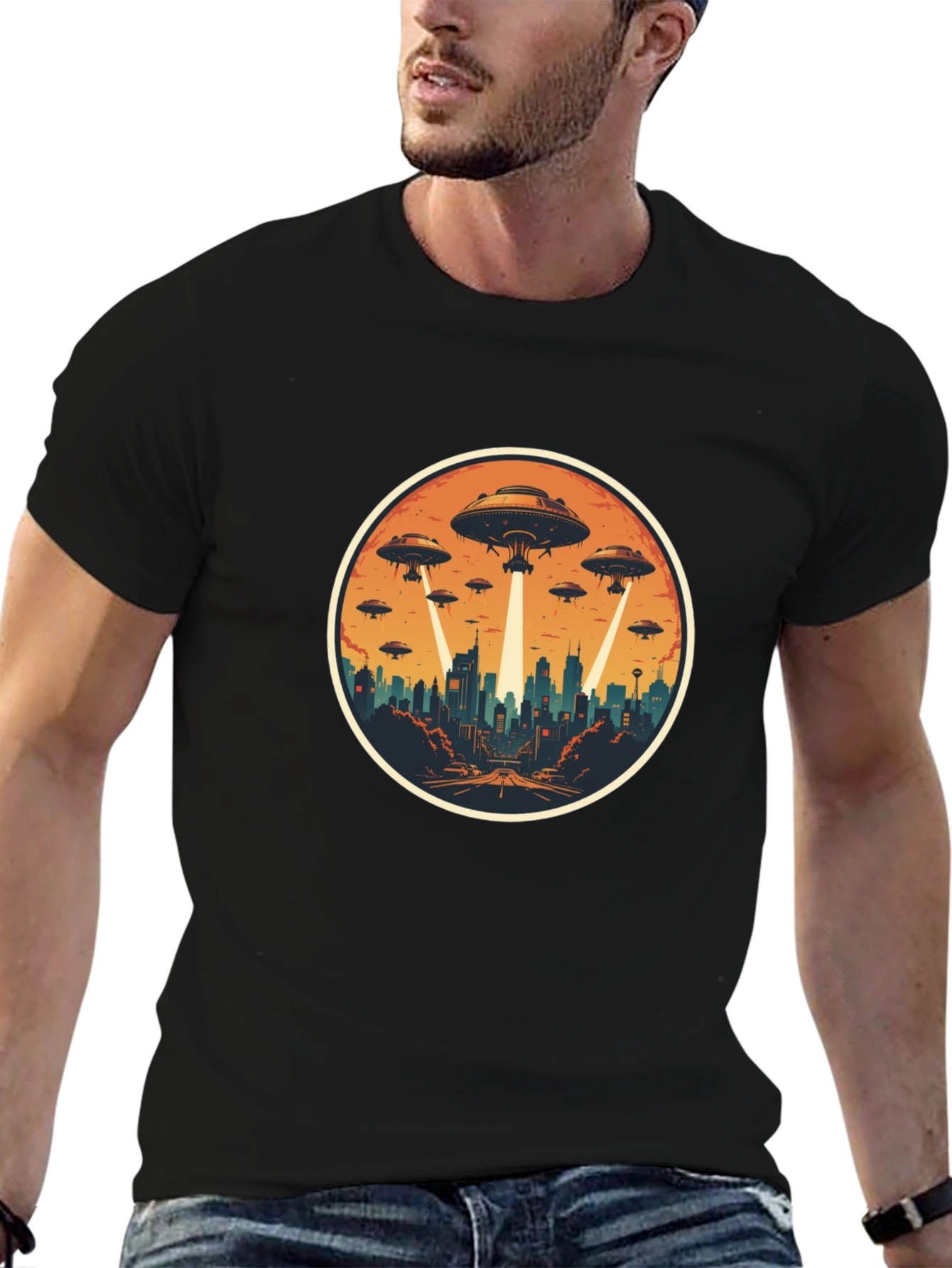Black UFO Invasion Graphic Tee - Black Cotton Blend view 6