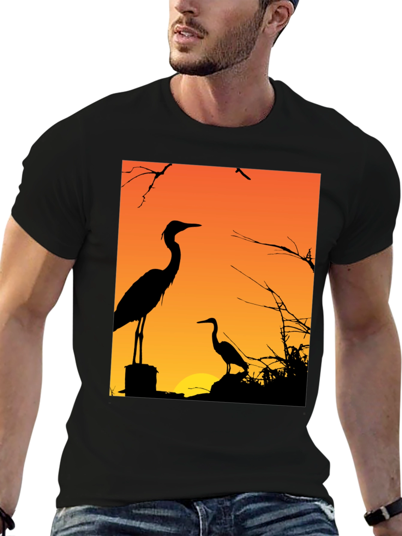 Black Heron Sunset Graphic Tee - Black Cotton T-Shirt view 6