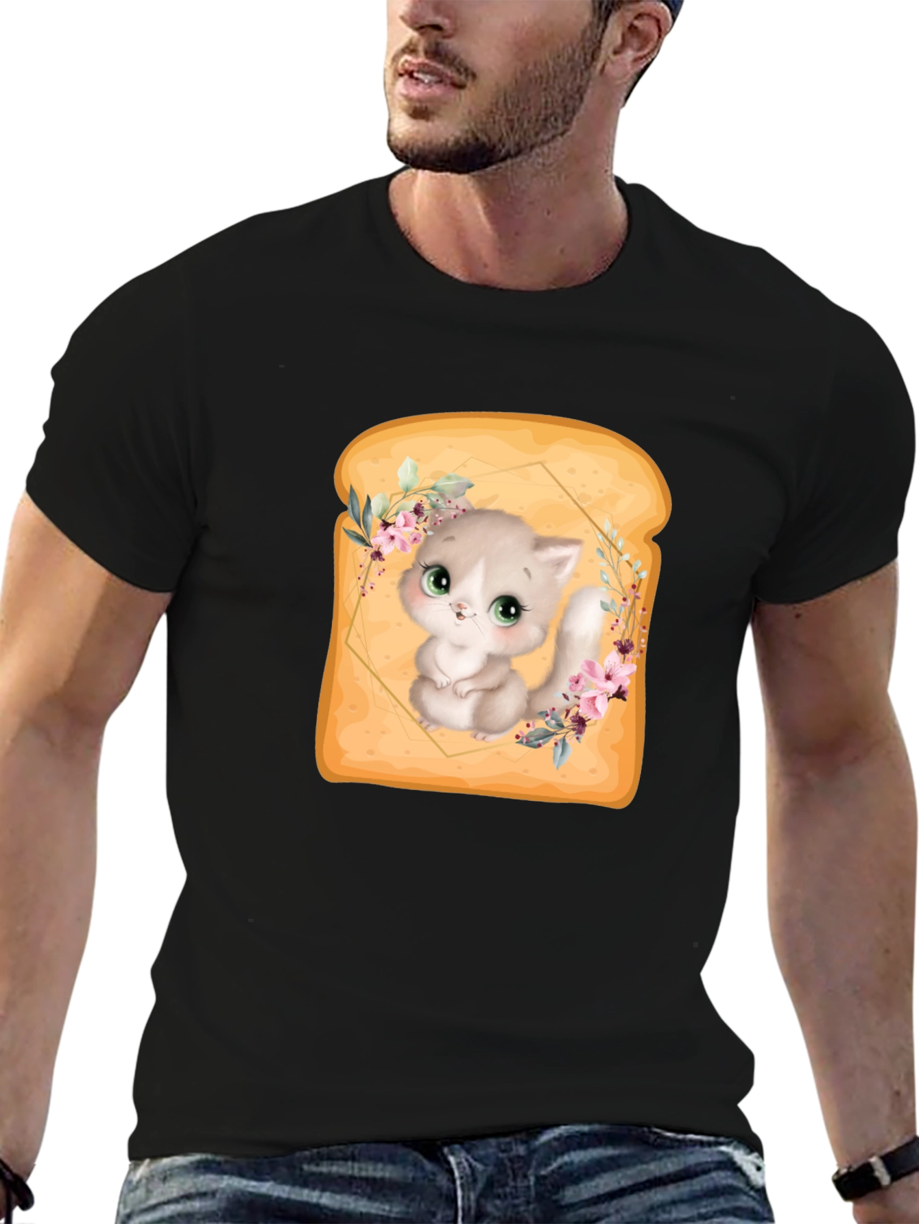 Black Cute Kitten in Toast T-Shirt - Unique Graphic Tee view 6