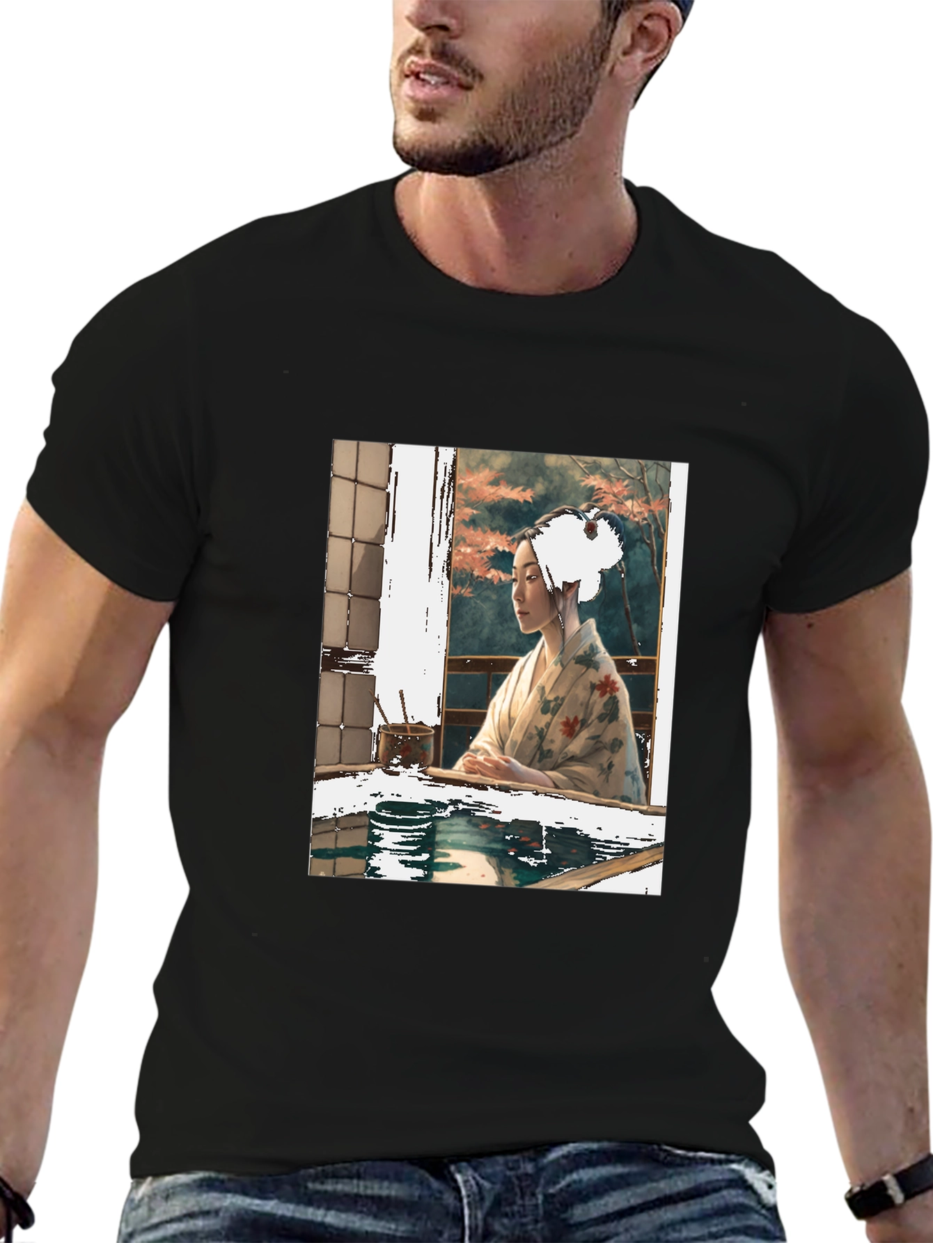 Black Elegant Geisha Art T-Shirt - Unisex Crew Neck Tee view 6