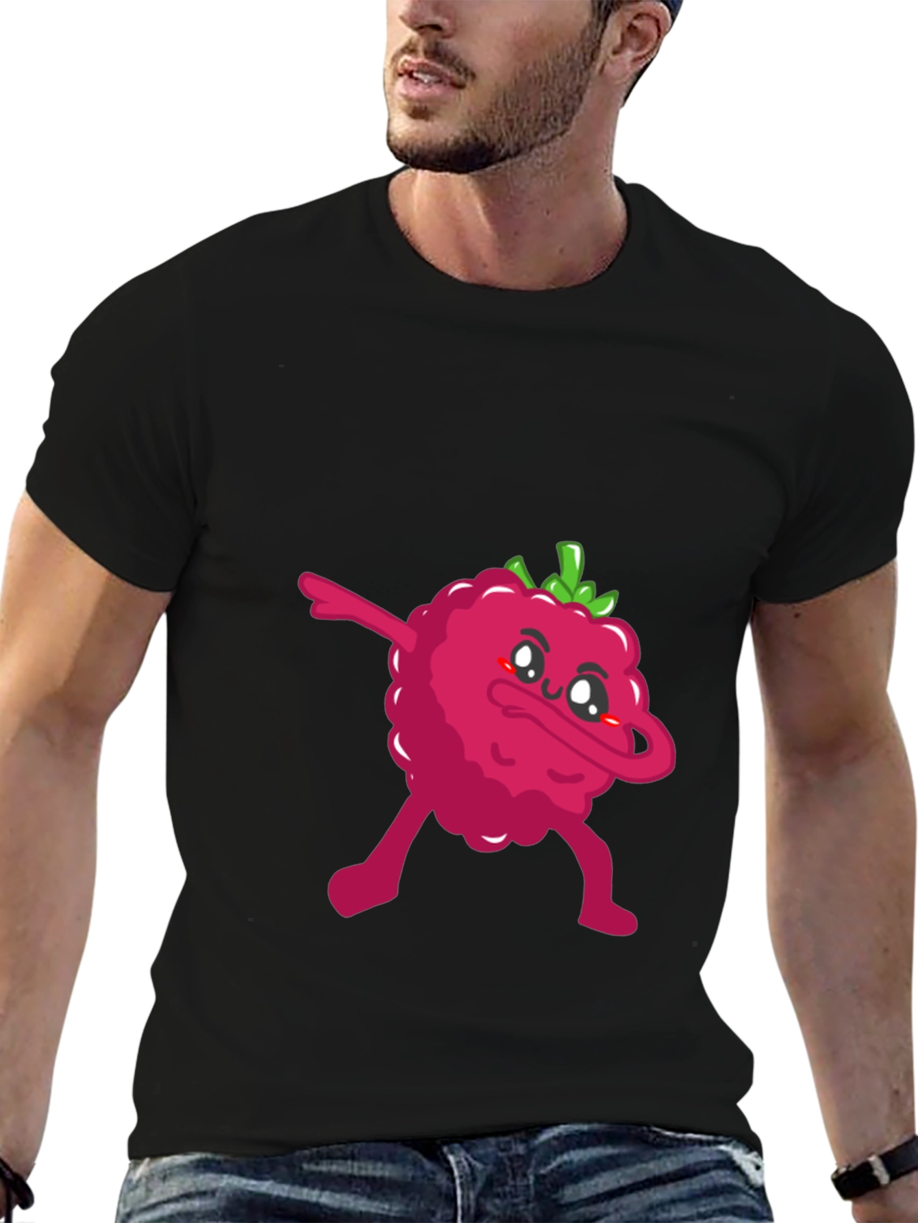 Black Dabbing Raspberry Graphic Tee - Fun Fruit T-Shirt view 6