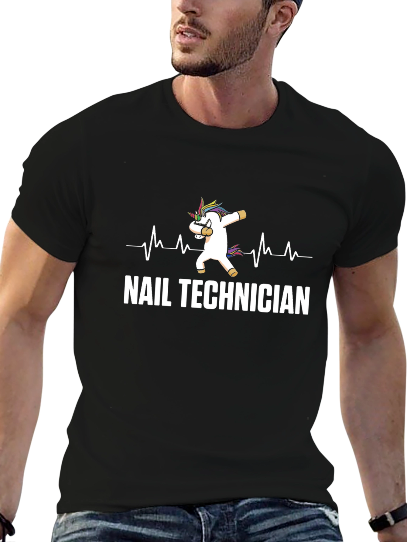 Black Nail Technician Unicorn Dabbing T-Shirt view 6