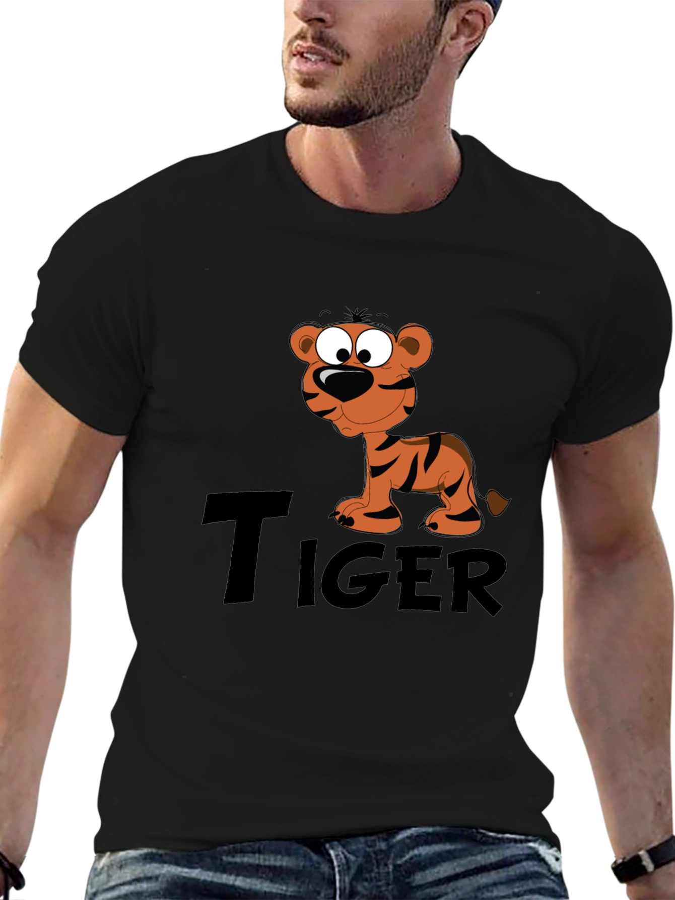 Black Cartoon Tiger Graphic Black T-Shirt view 6