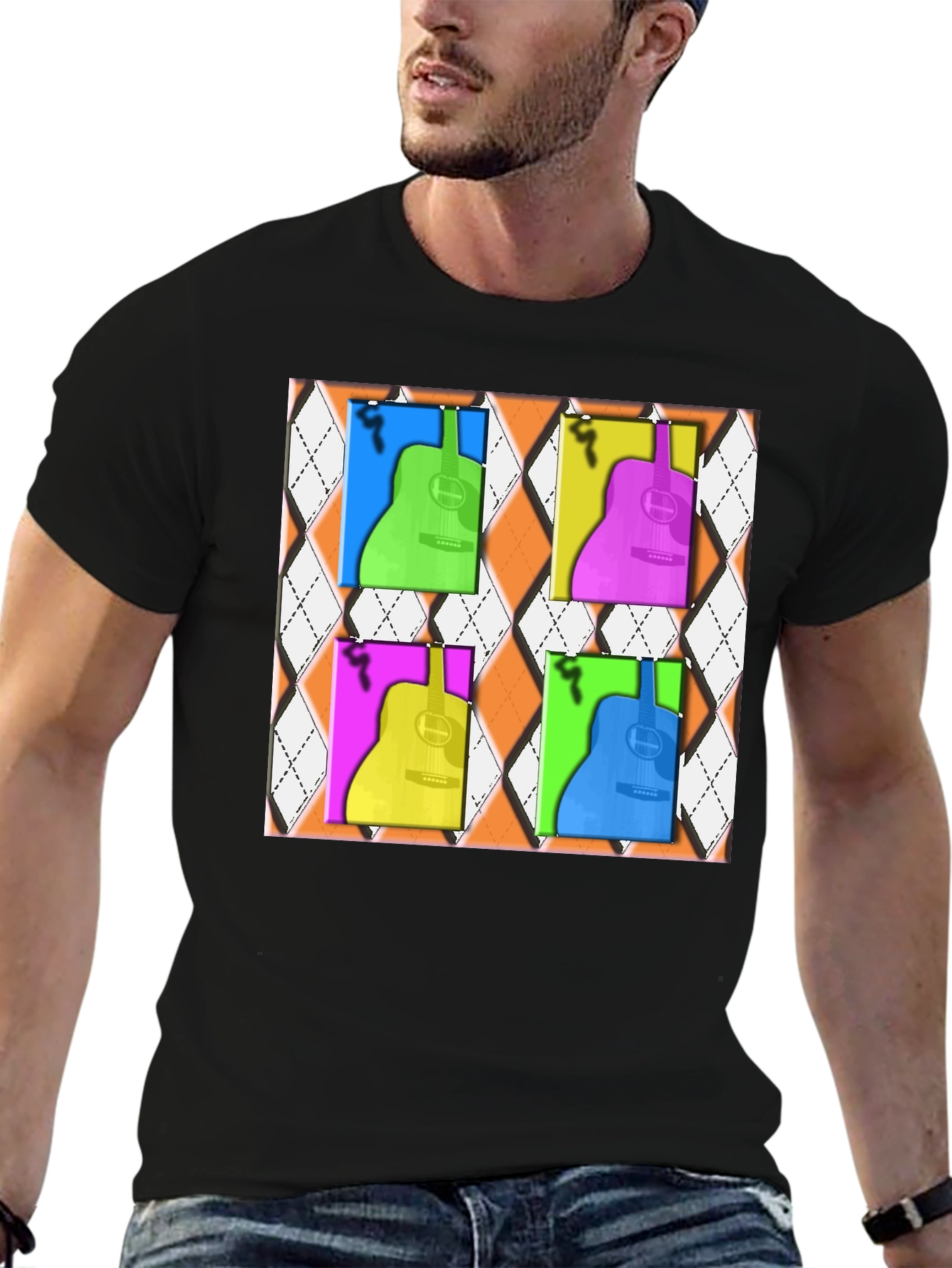 Black Pop Art Guitar T-Shirt - Modern Musical Design view 6