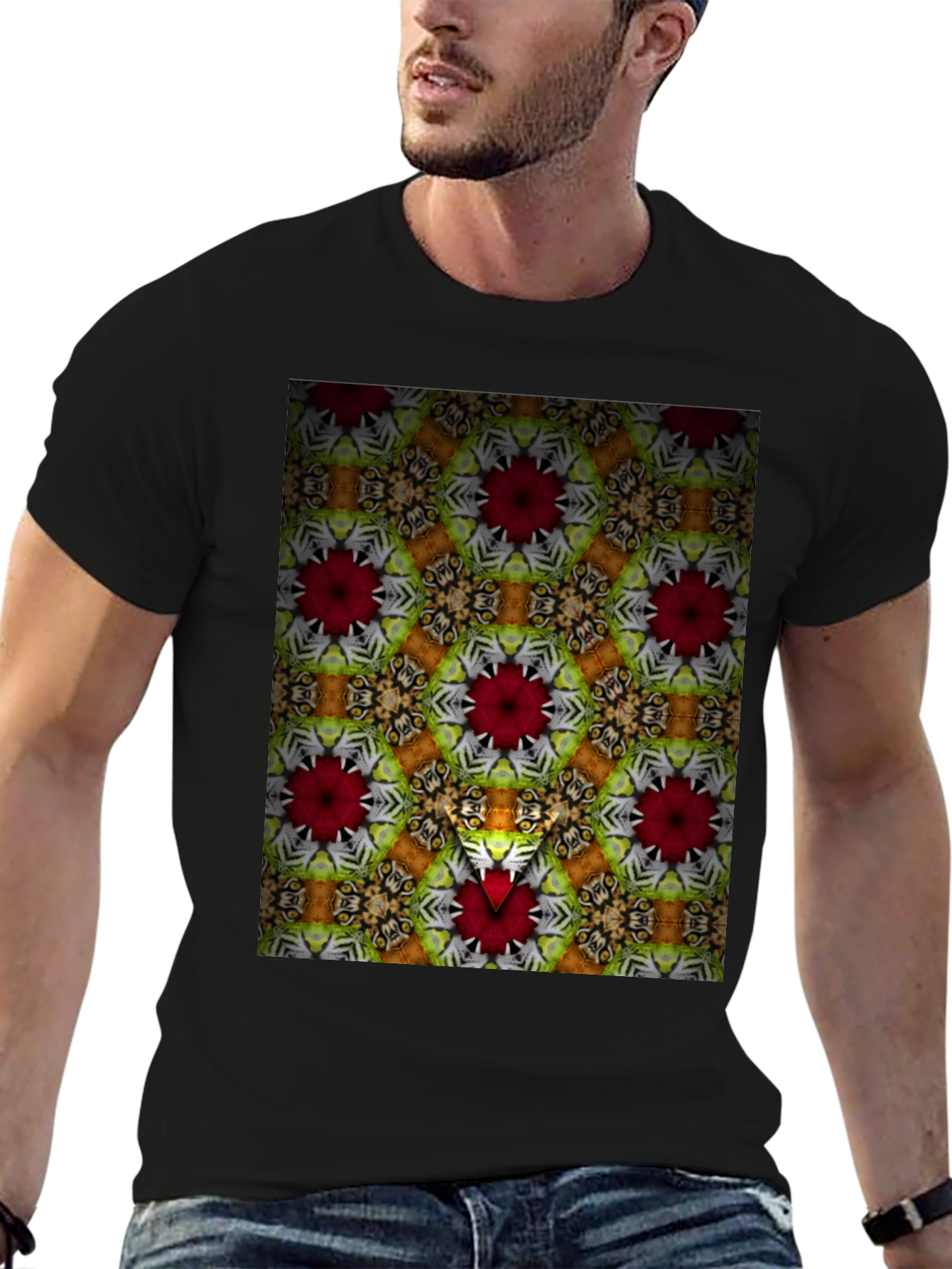 Black Kaleidoscope Floral Graphic Print Men's Black T-Shirt view 6