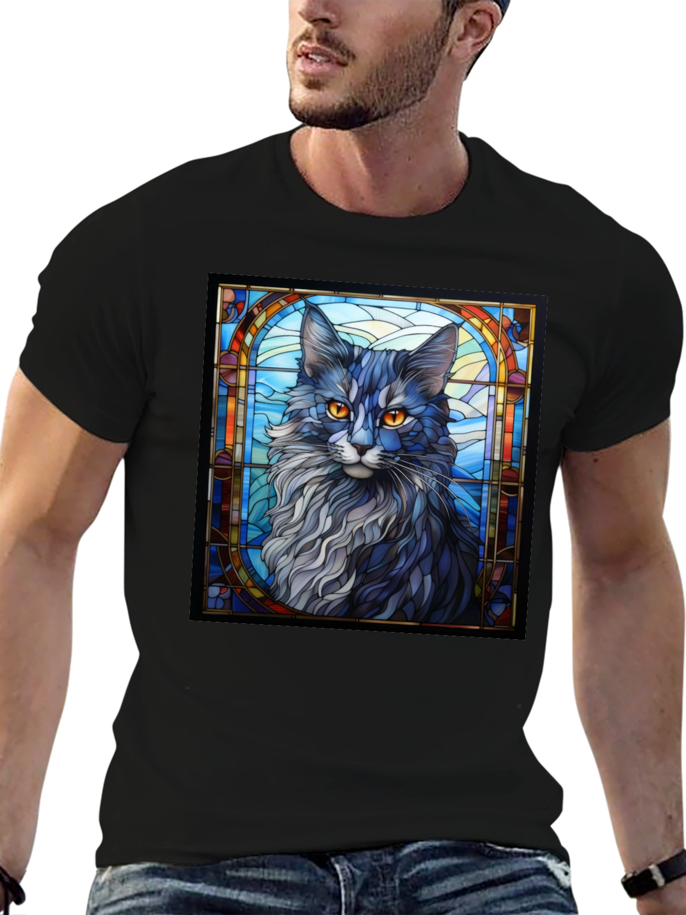 Black Stained Glass Cat Graphic Tee - Unique Design view 6