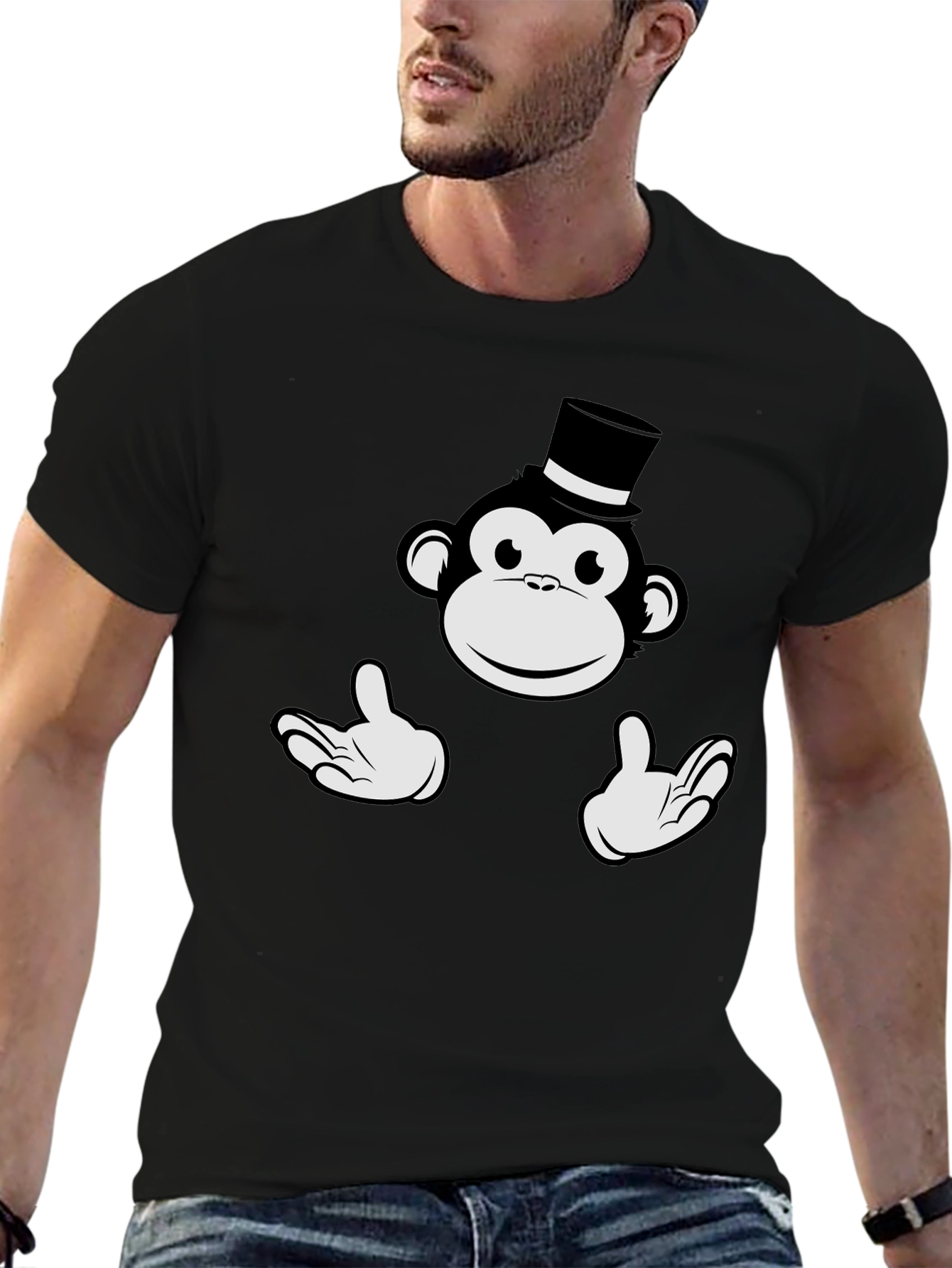Black Monkey Top Hat Graphic Tee - Black Cotton T-Shirt view 6
