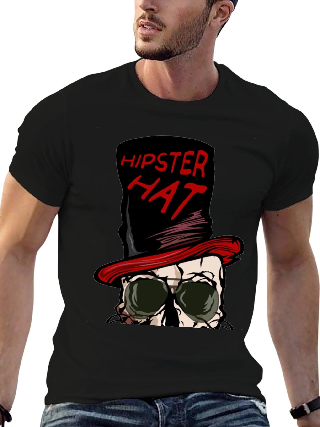 Black Hipster Hat Skull Graphic Tee view 6