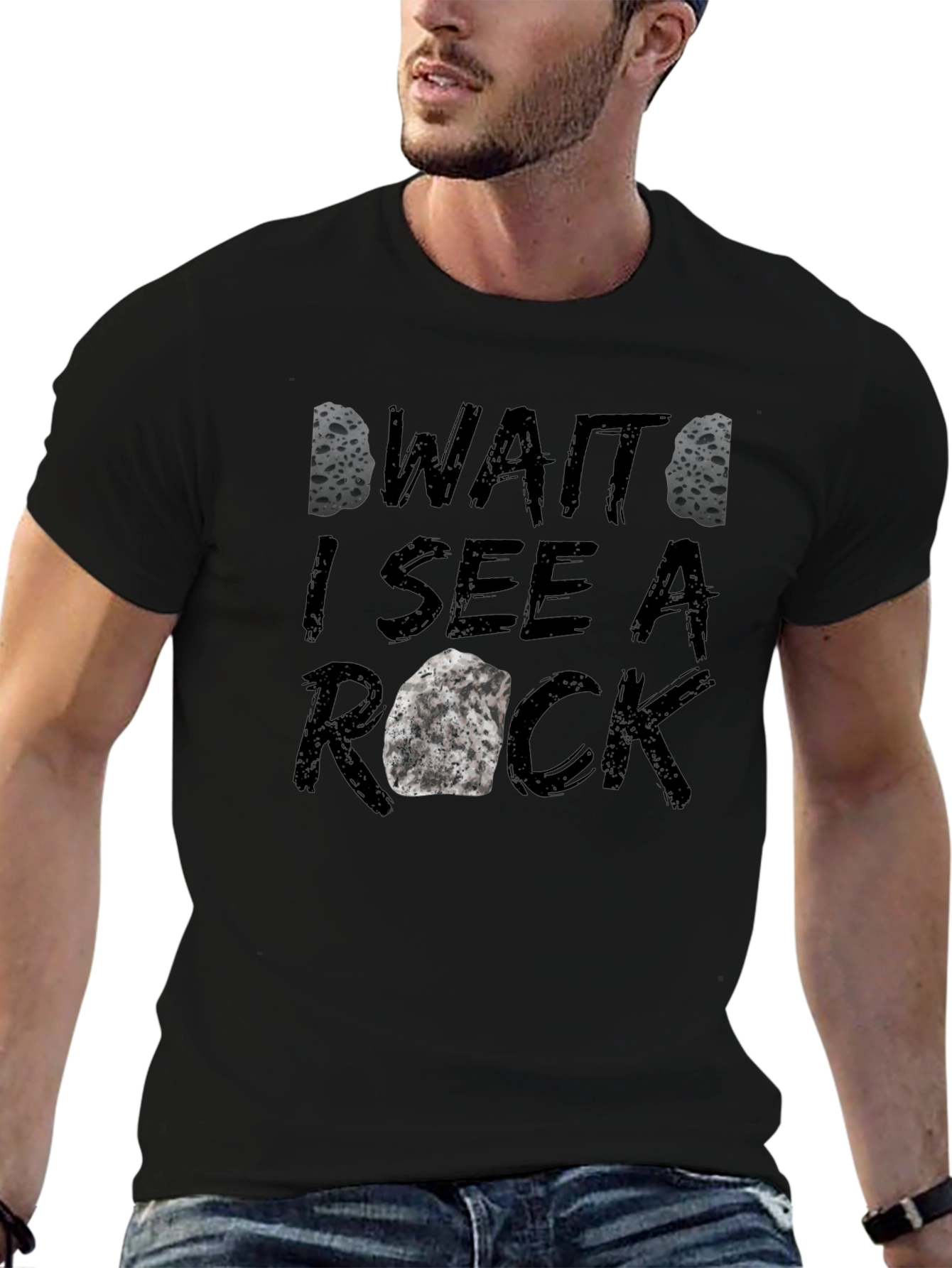 Black Funny Rock Lover Graphic Tee - 'Wait I See A Rock' T-Shirt view 6