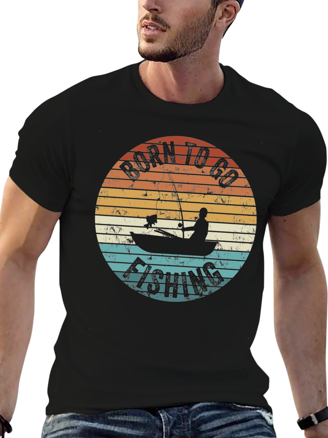 Black Born To Go Fishing T-Shirt - Retro Fisherman Design view 6
