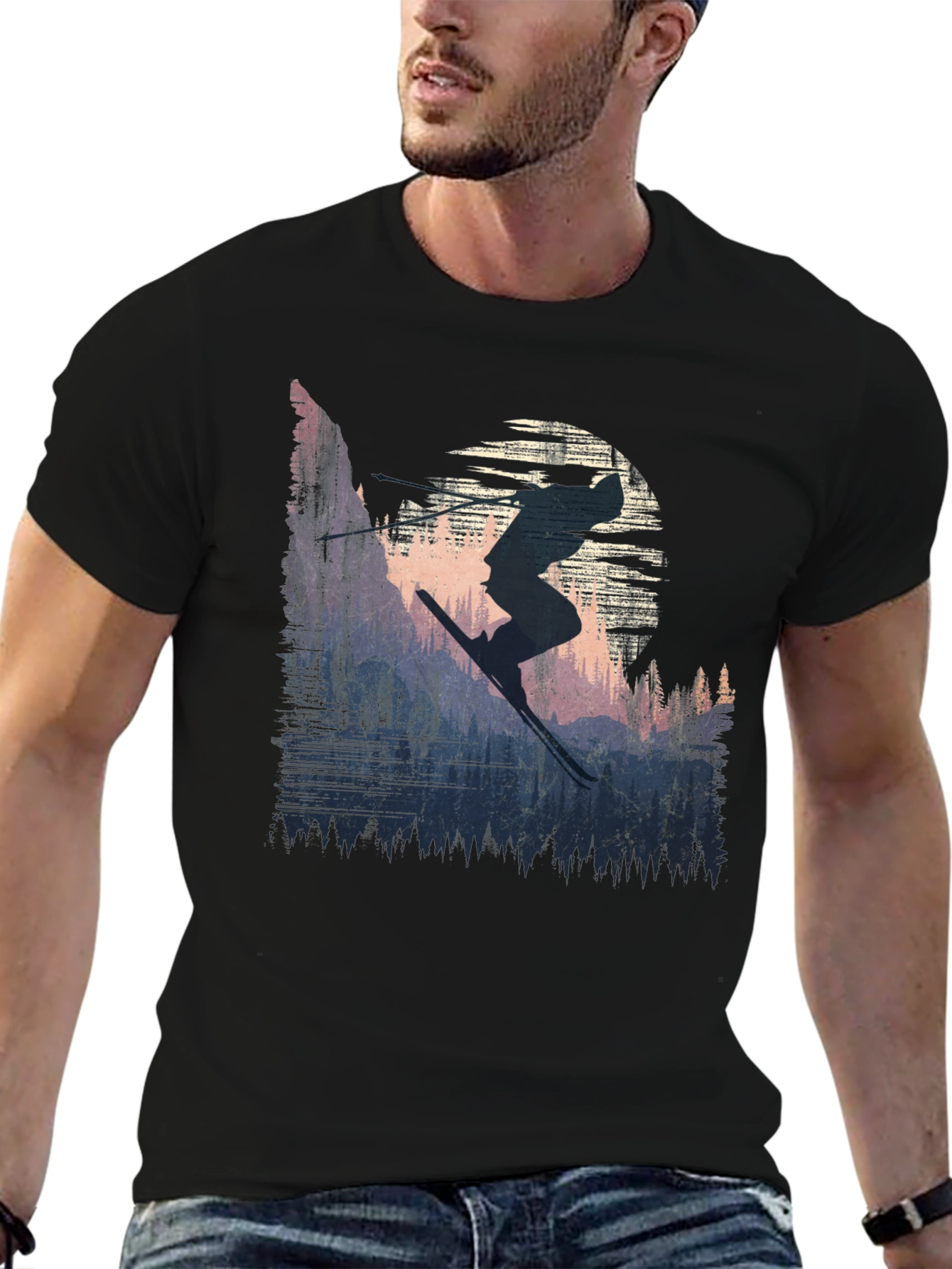 Black Skier Silhouette Graphic Tee - Black Cotton T-Shirt view 6