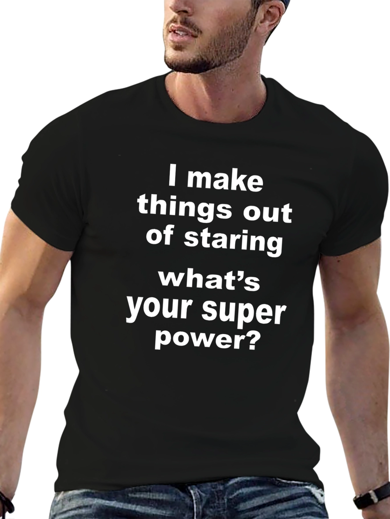 Black Staring Superpower Graphic T-Shirt - Black Casual Tee view 6