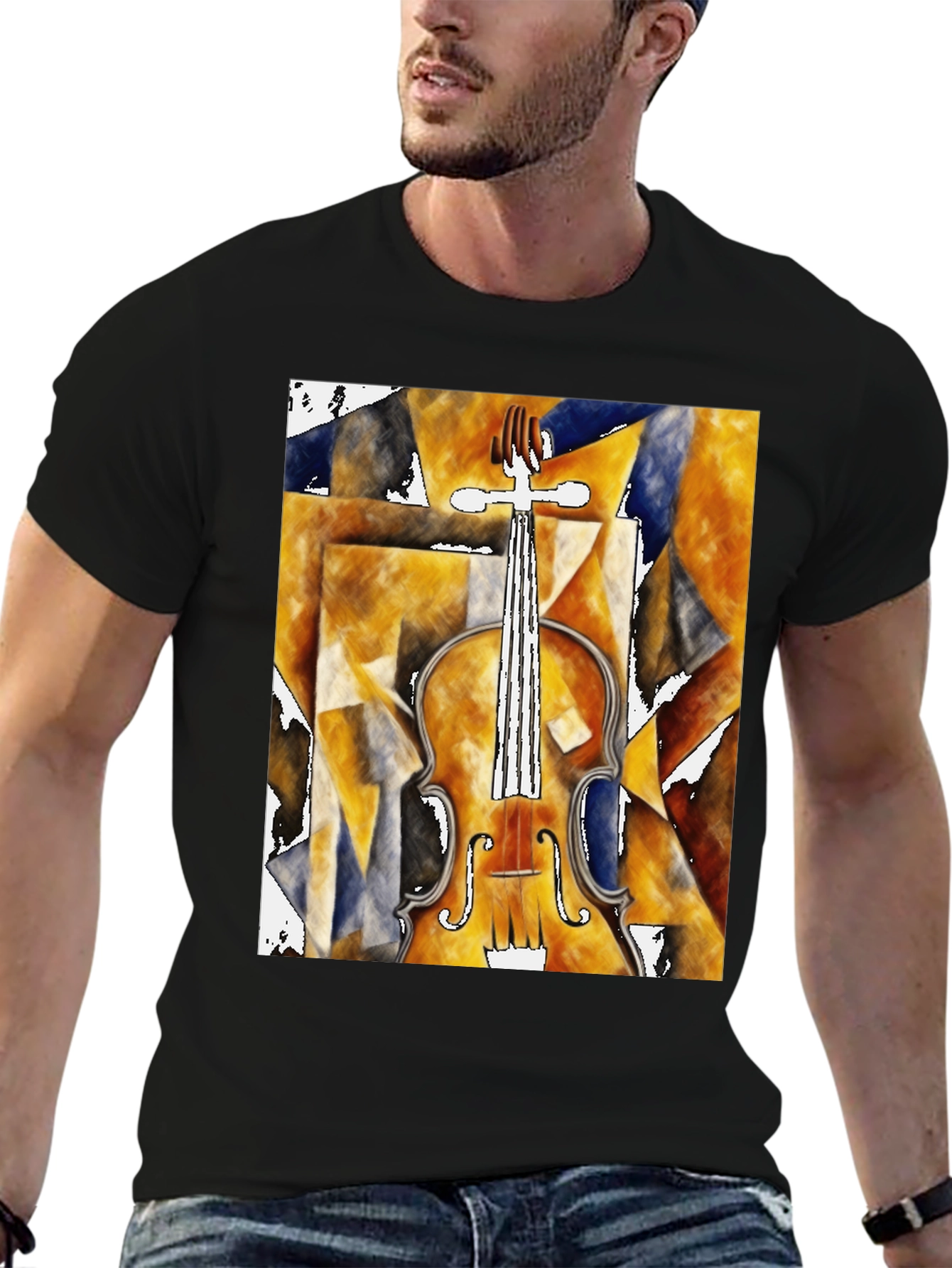 Black Abstract Violin Graphic Tee - Black Unisex Shirt view 6