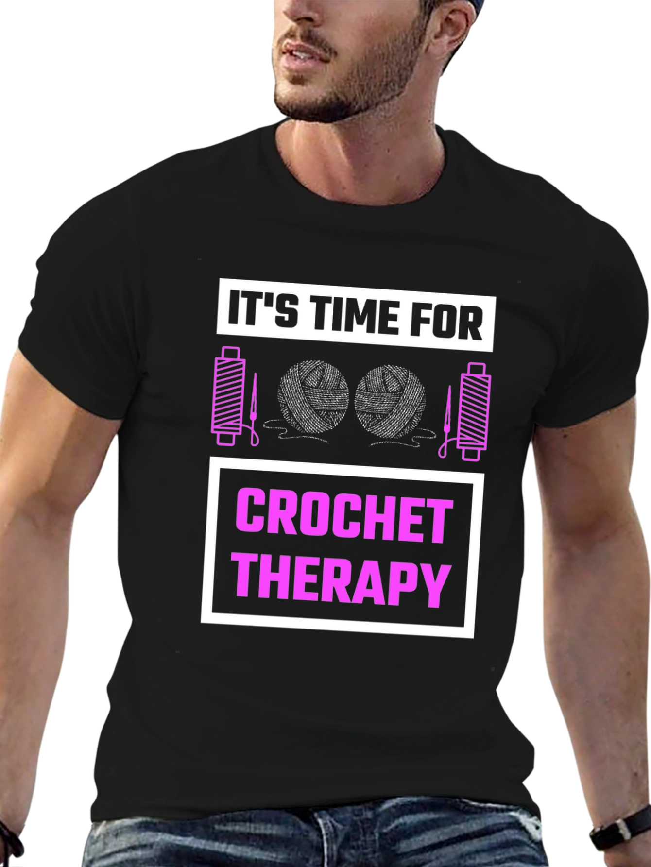 Black Crochet Therapy T-Shirt: Black Cotton Tee for Craft Lovers view 6