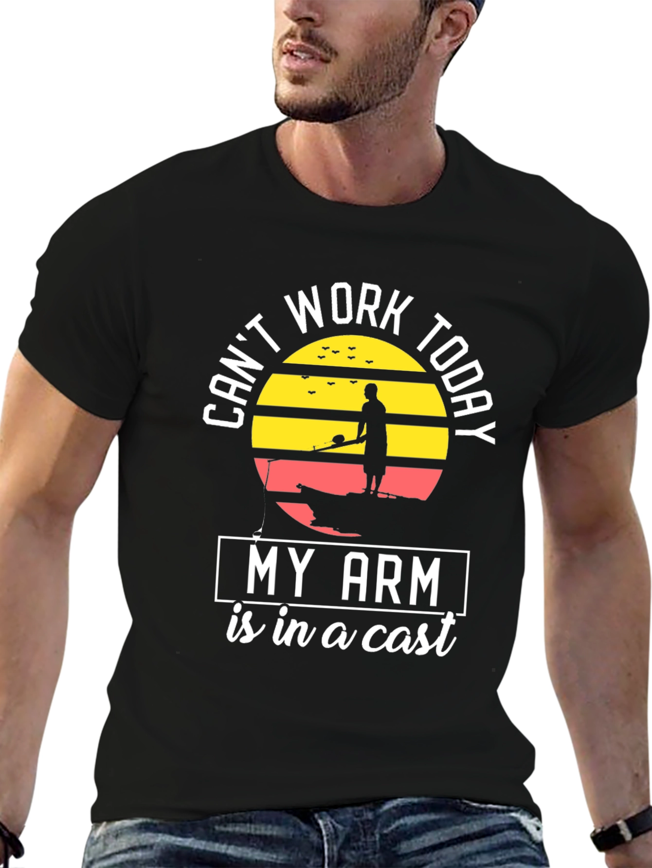 Black Funny Fishing T-Shirt - Can't Work, Arm in Cast view 6