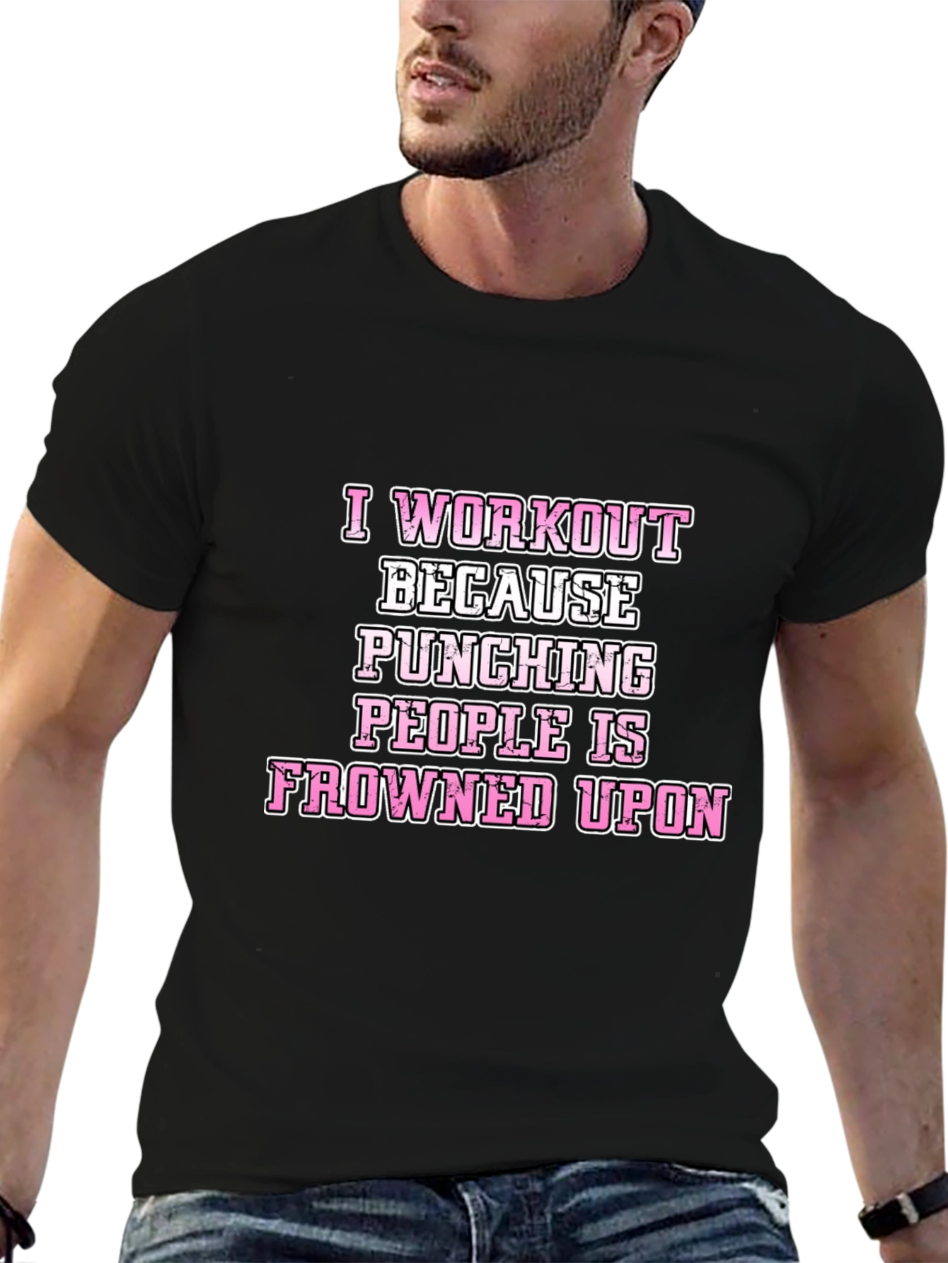 Black Workout Humor T-Shirt: Punching People Frowned Upon view 6