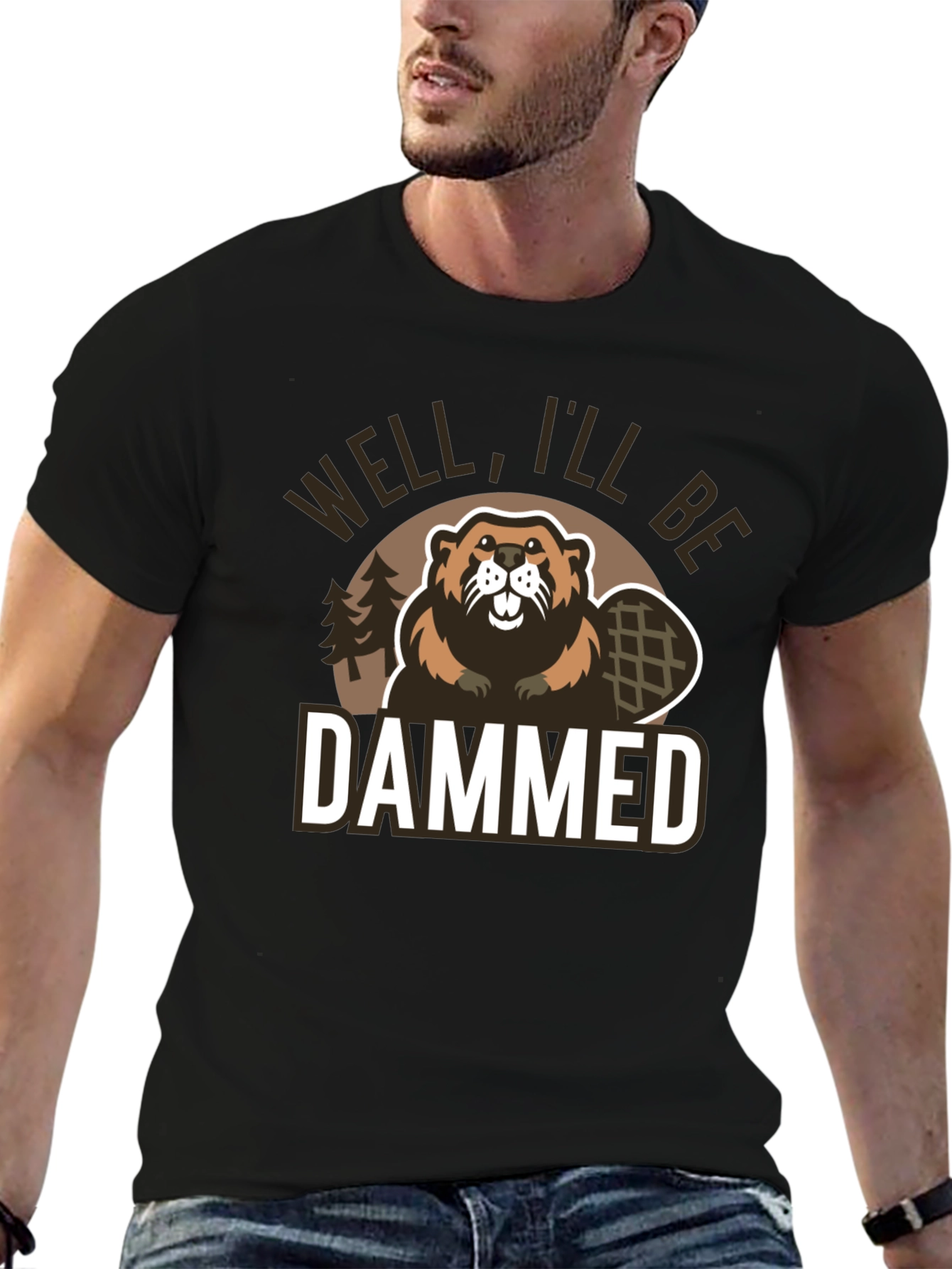 Black Well I'll Be Dammed Funny Beaver Graphic T-Shirt view 6