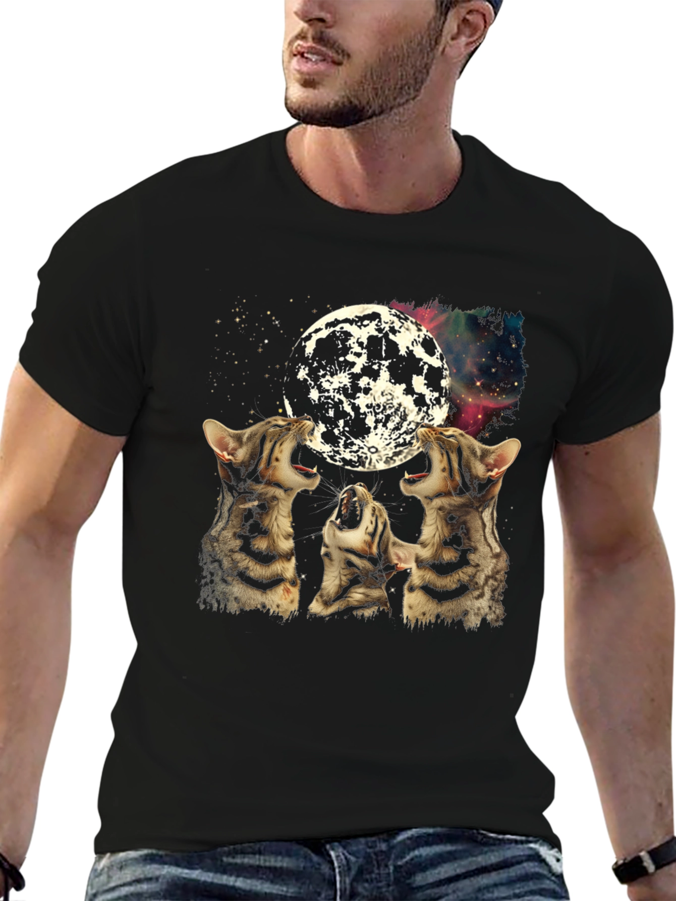 Black Three Cats Howling at Moon Graphic Tee view 6