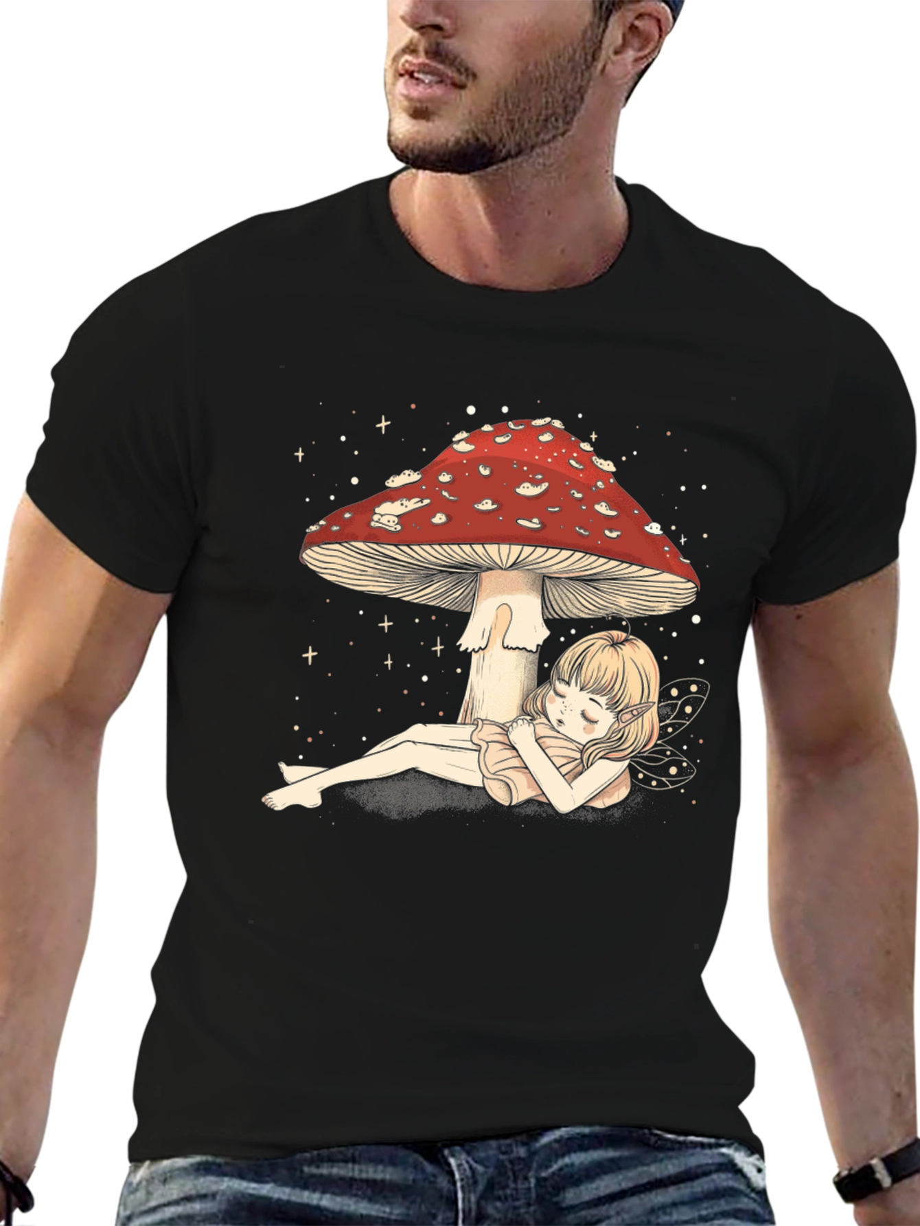 Black Mushroom Fairy T-Shirt - Whimsical Black Tee view 6