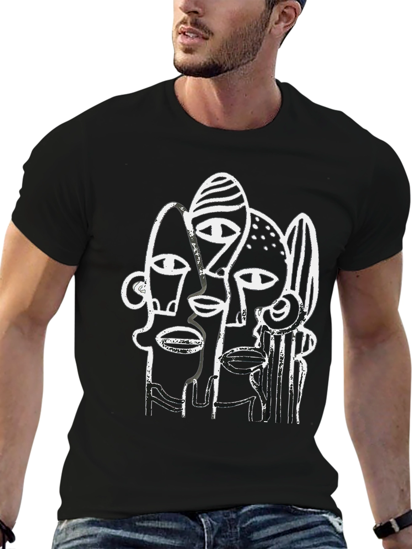 Black Abstract Faces Graphic Tee - Modern Art Shirt view 6