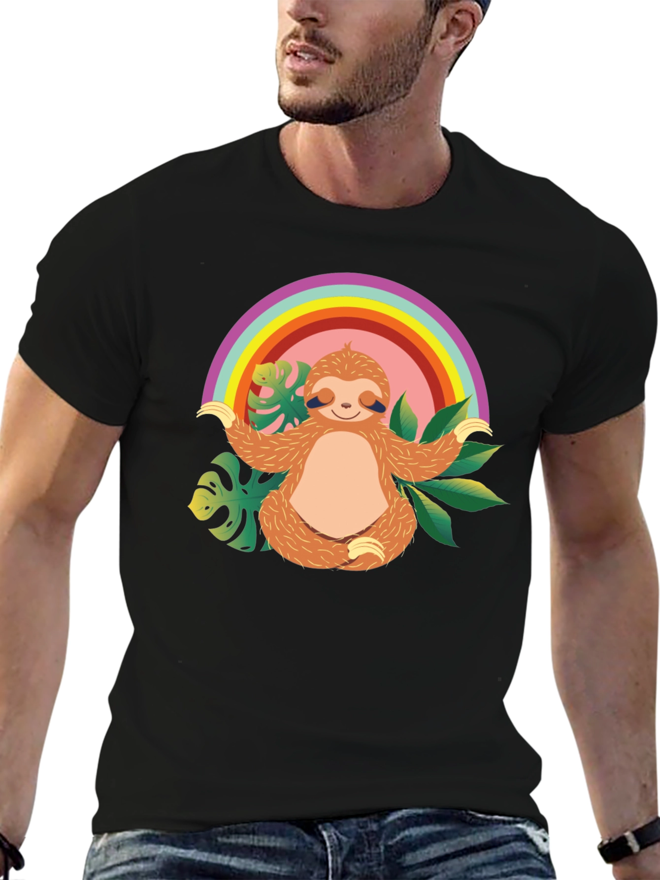 Black Zen Sloth Rainbow T-Shirt - Relaxed & Comfy view 6