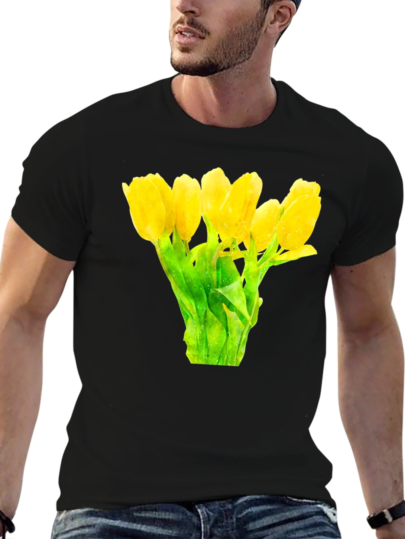 Black Floral Print Black T-Shirt -  Yellow Tulips view 6