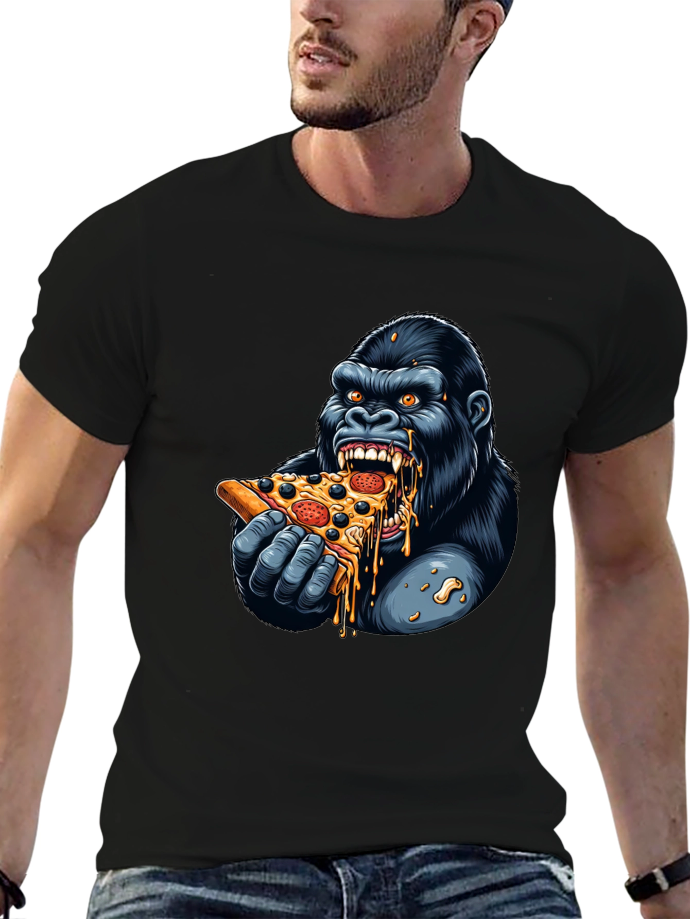 Black Gorilla Eating Pizza Graphic T-Shirt view 6