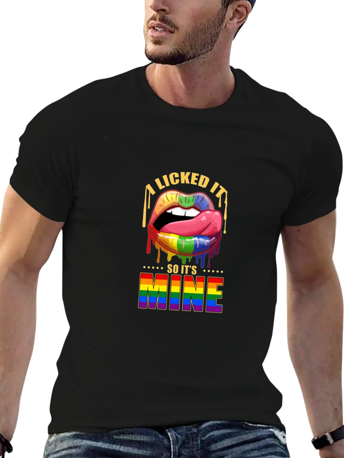 Black I Licked It So It's Mine Rainbow Lips T-Shirt view 6