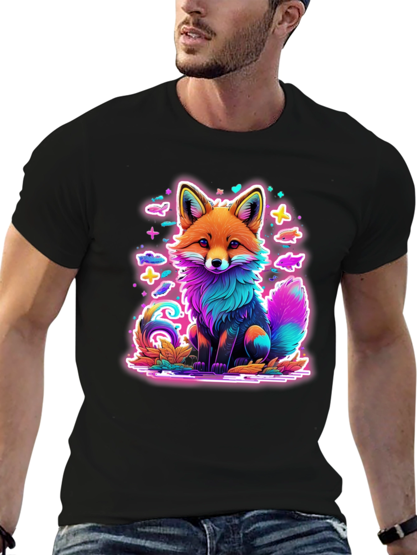 Black Neon Fox Graphic Tee - Unique Colorful Design view 6