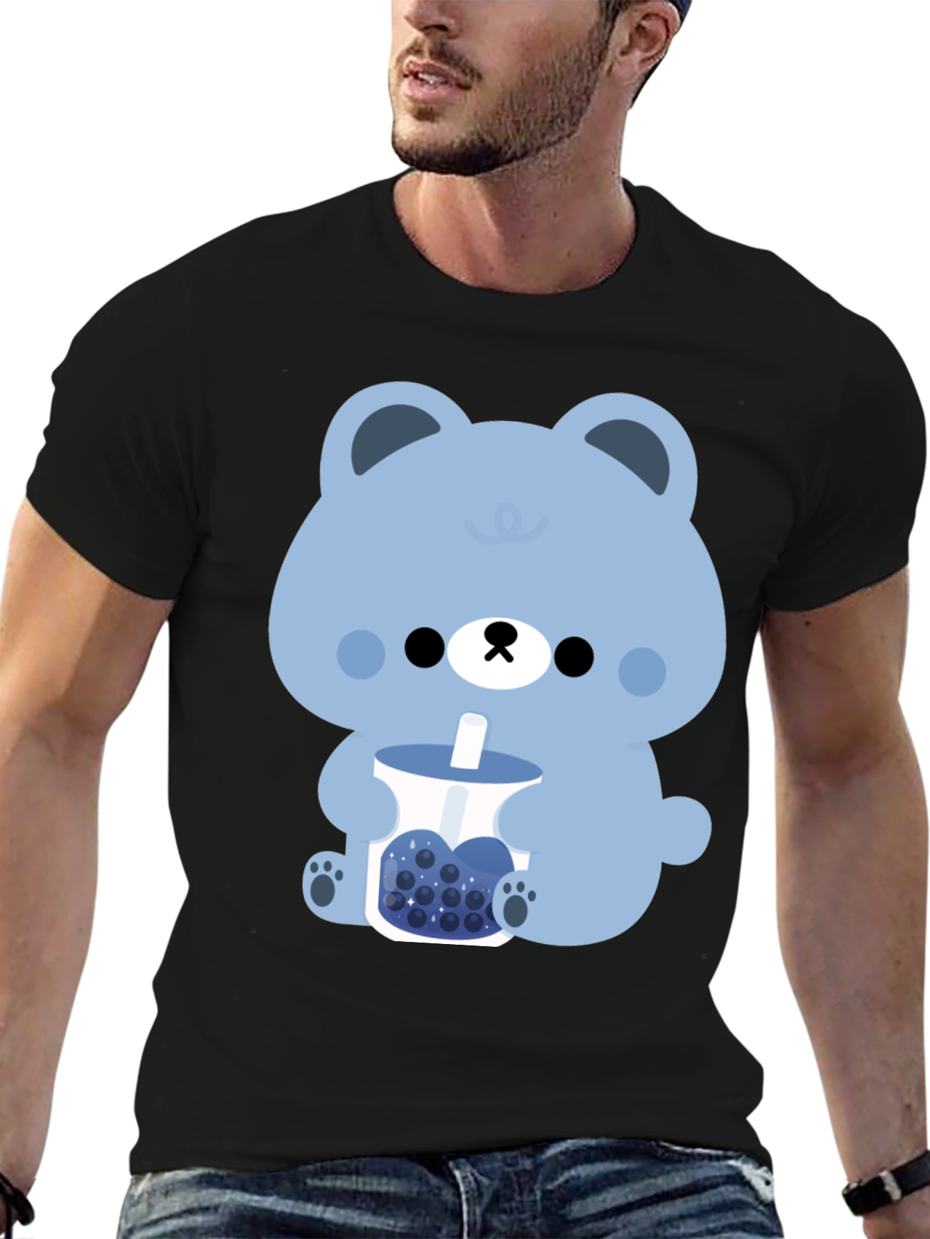 Black Cute Bear Boba Tea Graphic T-Shirt view 6