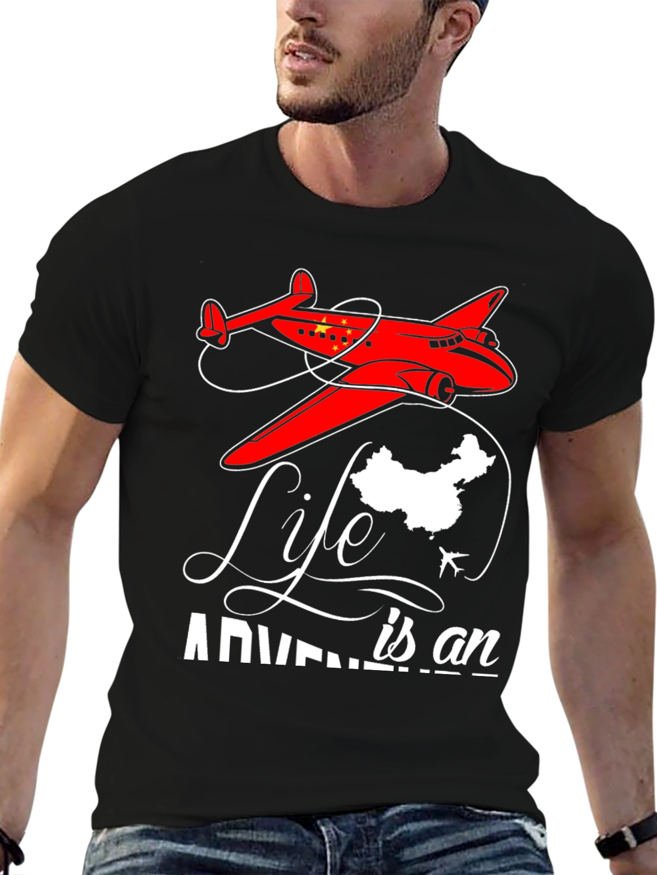 Black Adventure Life China Airplane Graphic T-Shirt view 6