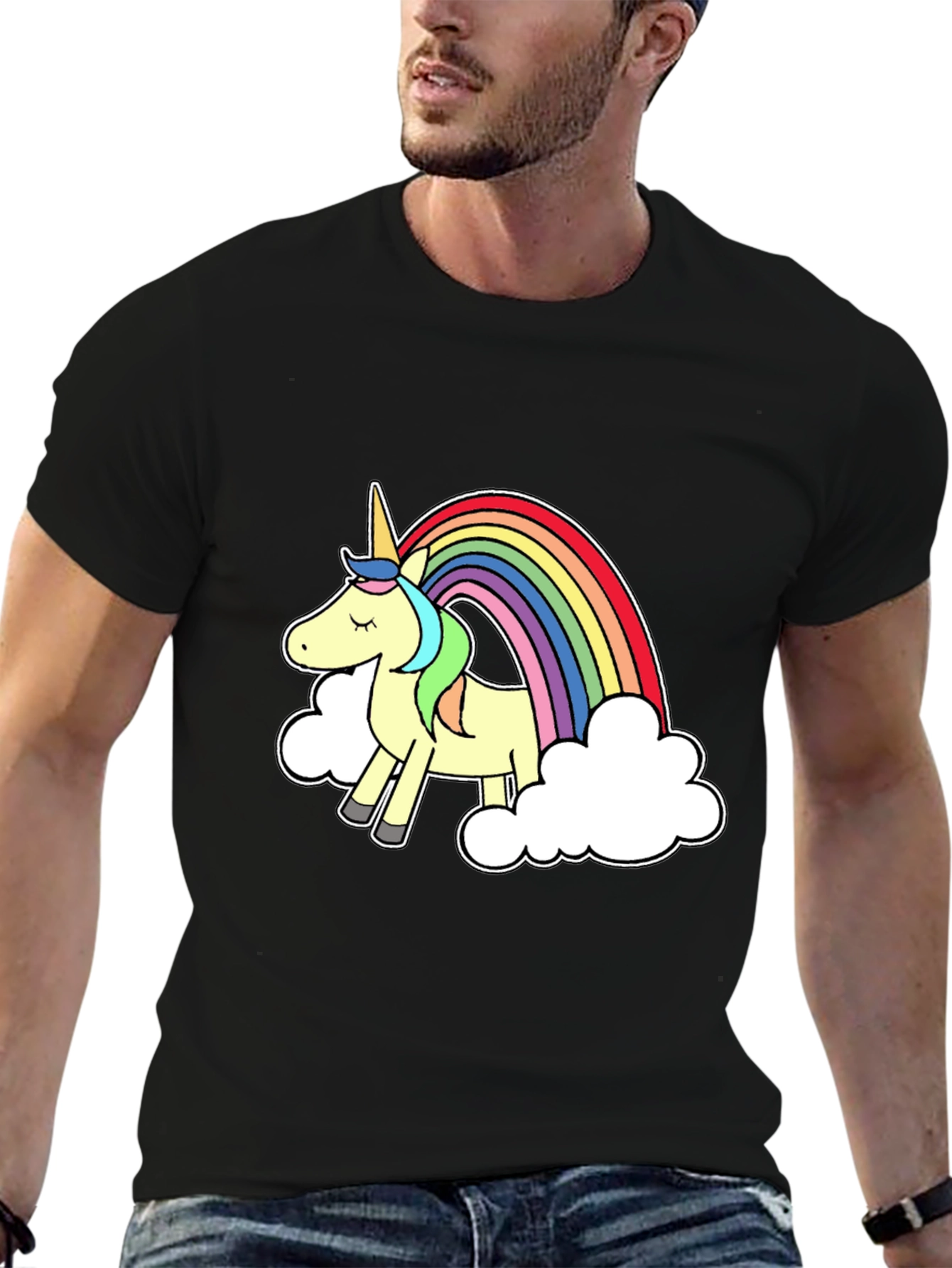Black Unicorn Rainbow Graphic Tee - Black Cotton T-Shirt view 6