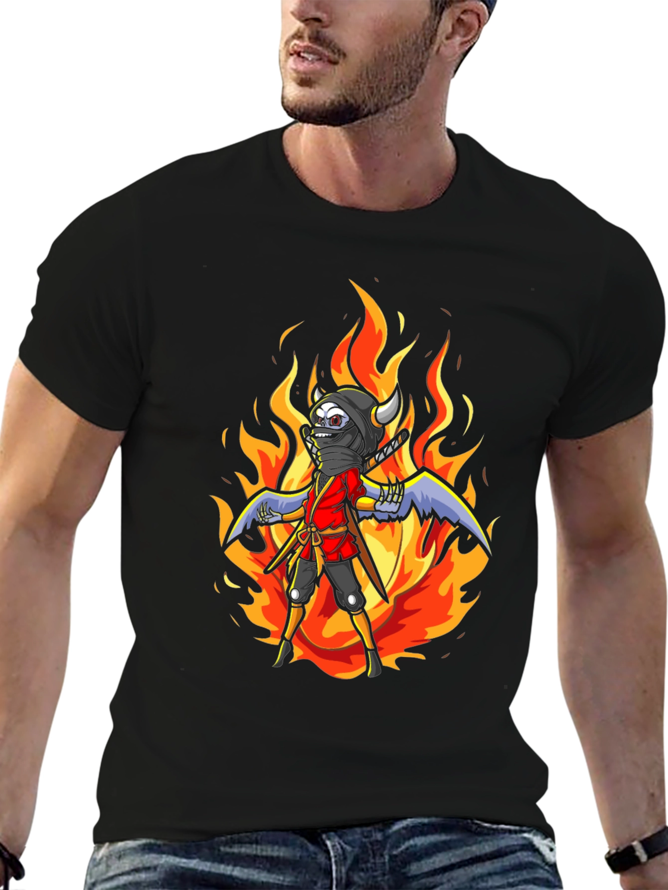 Black Fiery Ninja Graphic Tee - Black Cotton T-Shirt view 6