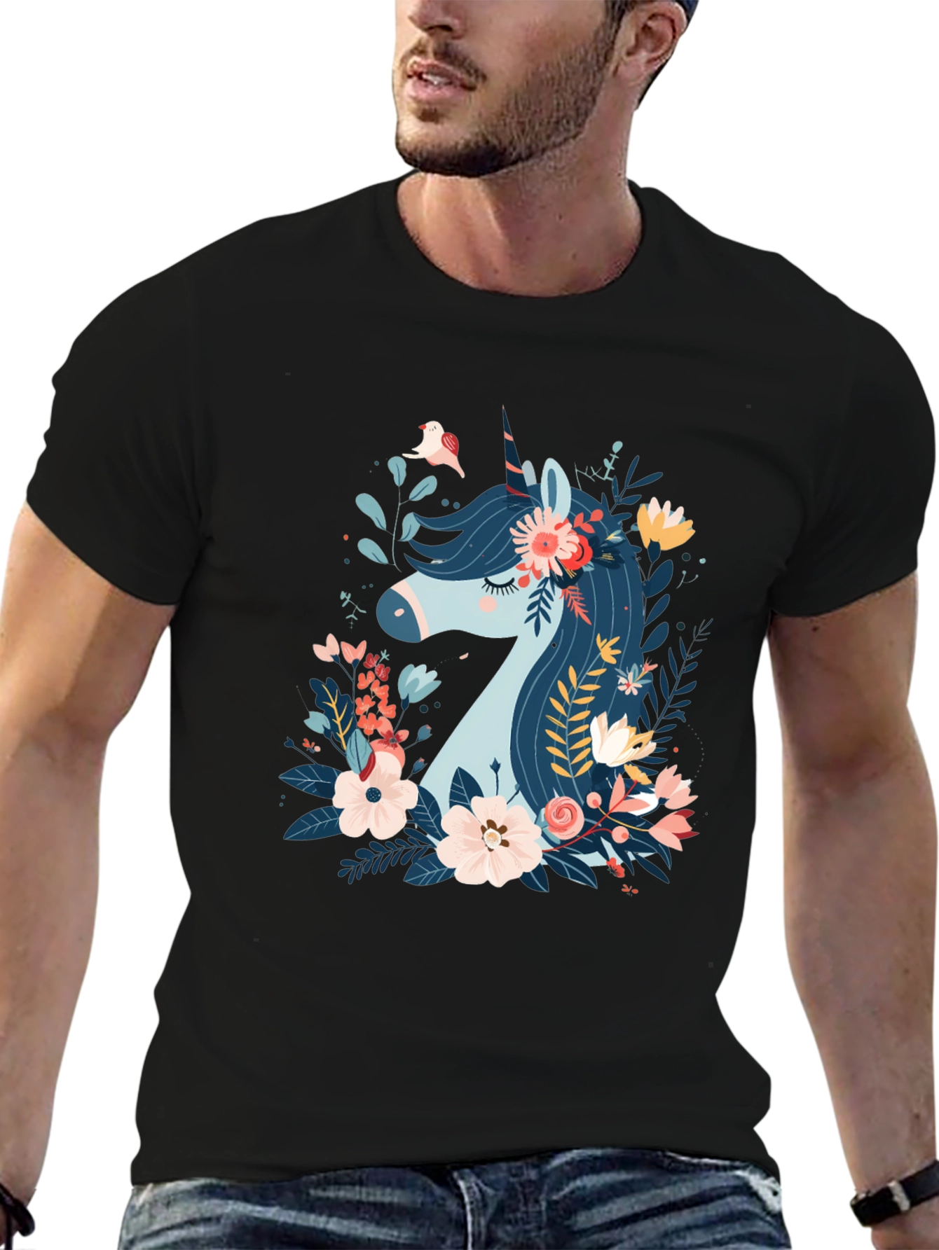 Black Floral Unicorn Graphic Print Black T-Shirt view 6