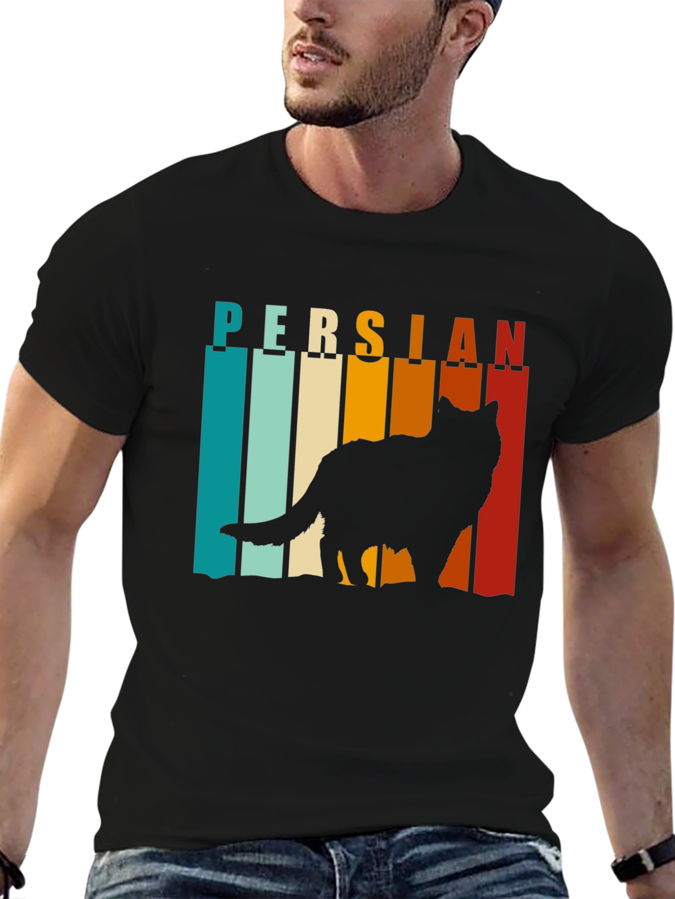 Black Retro Persian Cat T-Shirt view 6