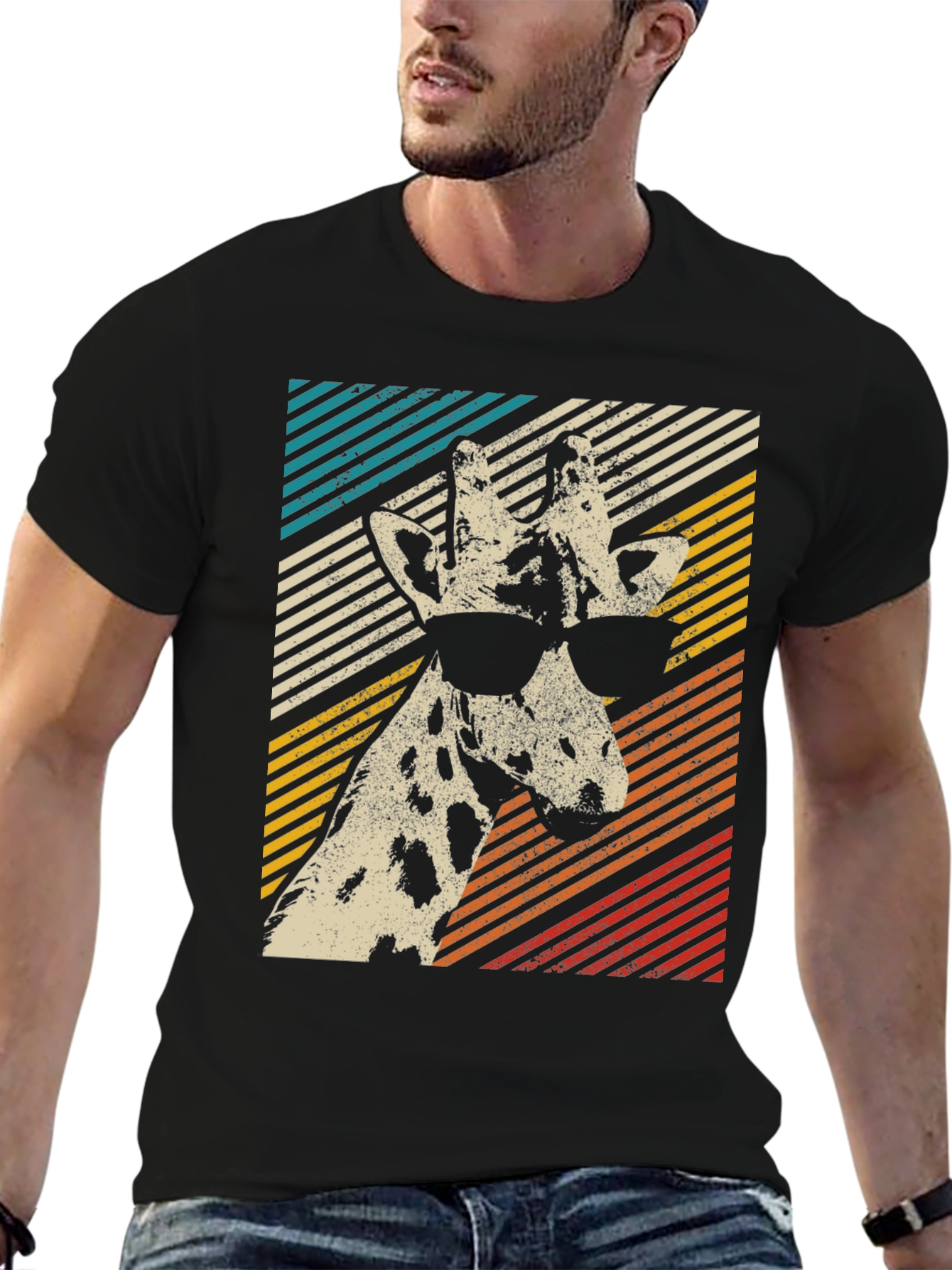 Black Cool Giraffe Retro Style Graphic T-Shirt view 6