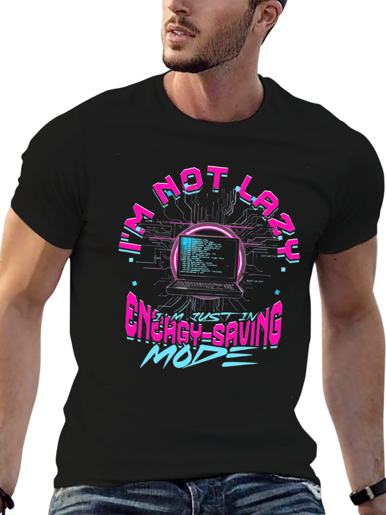 Black I'm Not Lazy Energy Saving Mode Black T-Shirt view 6