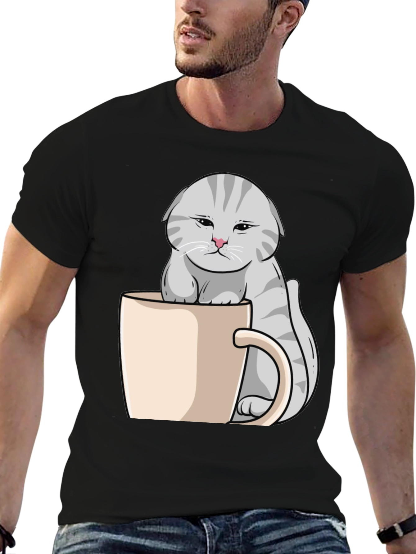 Black Grumpy Cat Mug T-Shirt - Novelty Kitten Tee view 6