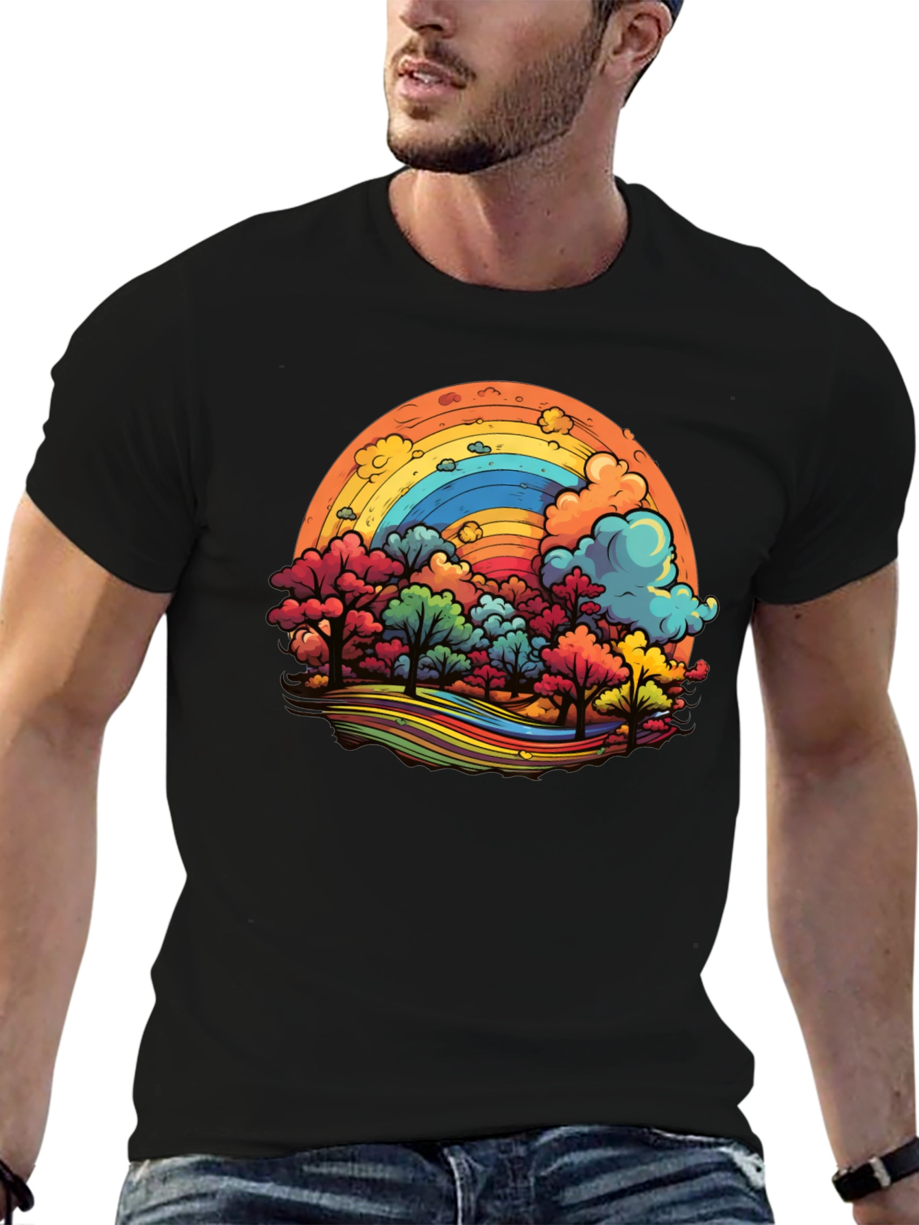 Black Rainbow Trees Graphic Black T-Shirt view 6