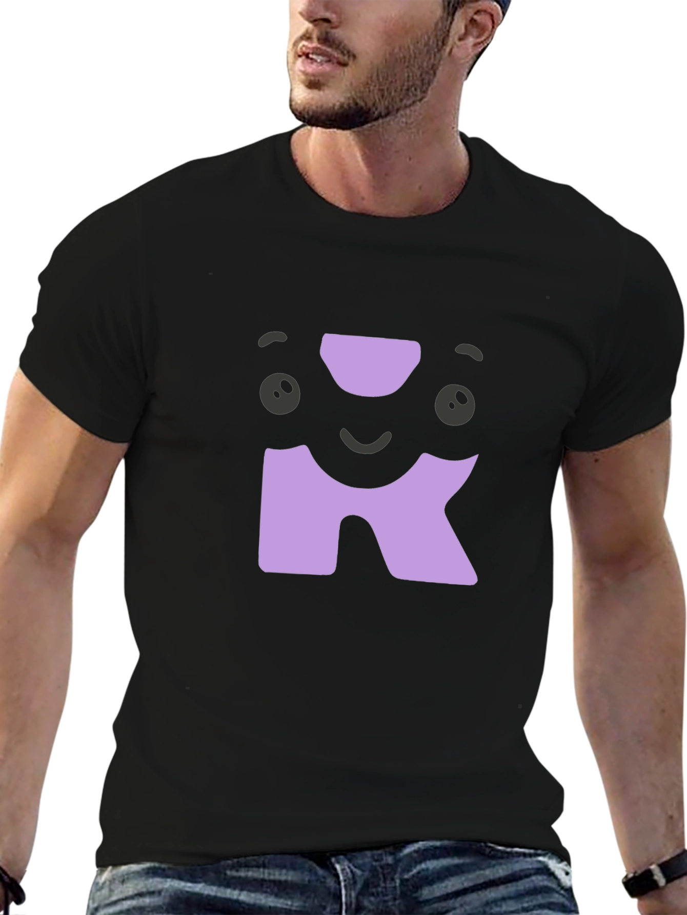 Black Cute Character Initial "R" Black T-Shirt view 6