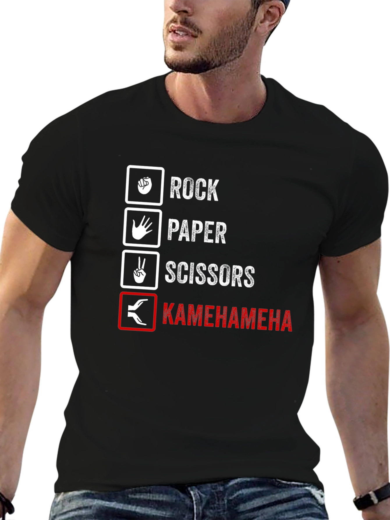 Black Rock Paper Scissors Kamehameha Funny T-Shirt view 6