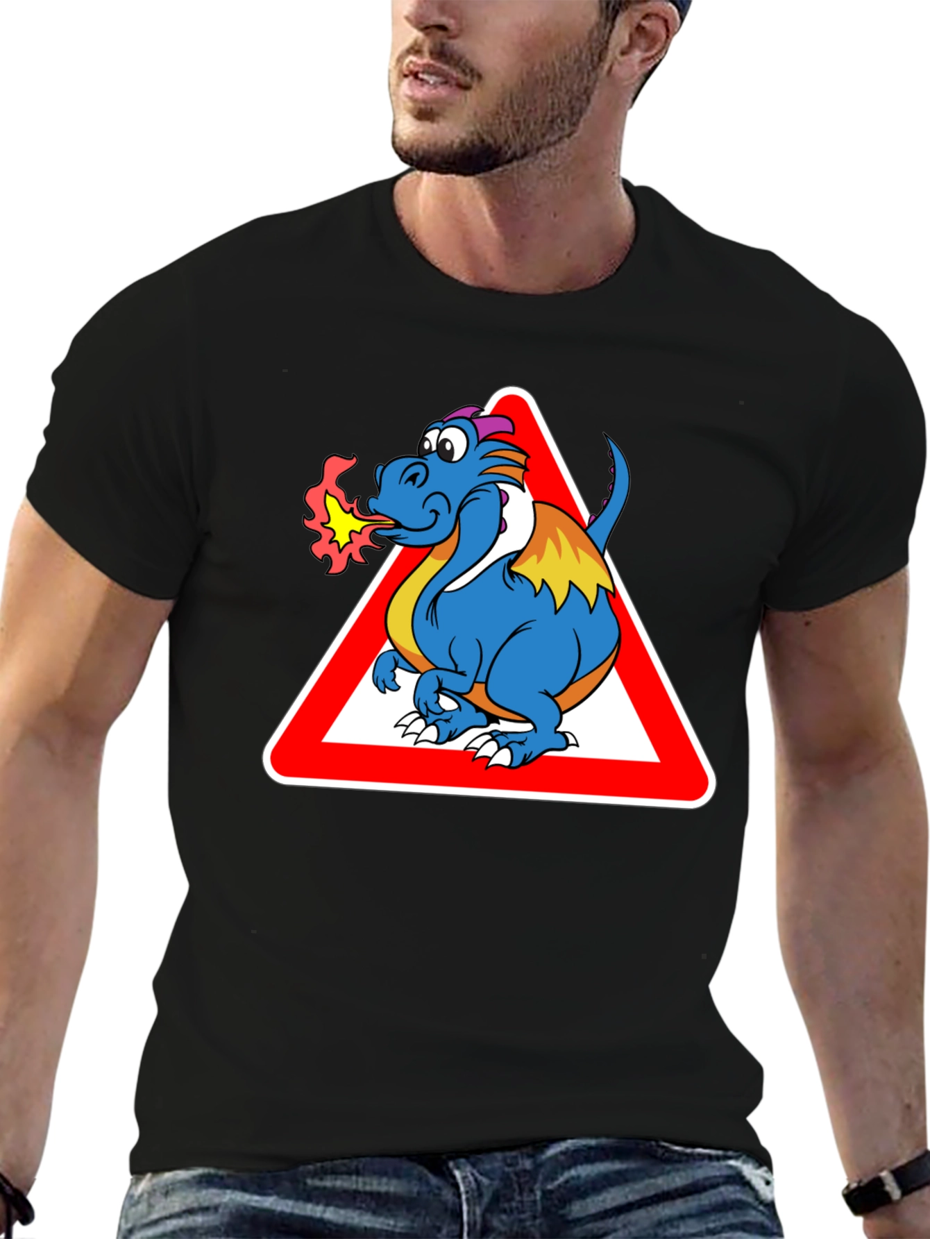Black Funny Dragon Warning T-Shirt - Black Cotton Tee view 6