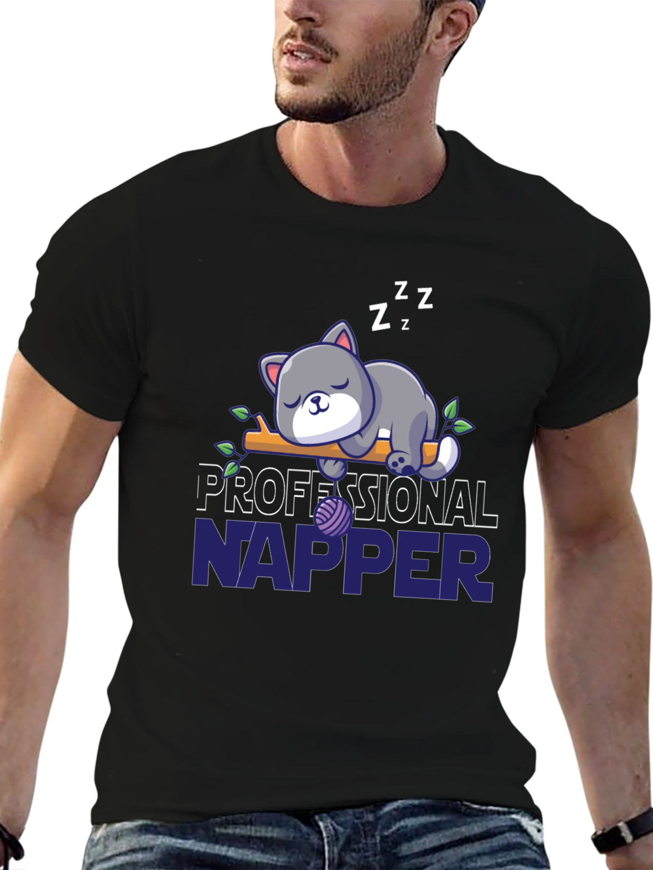 Black Professional Napper Cat T-Shirt view 6