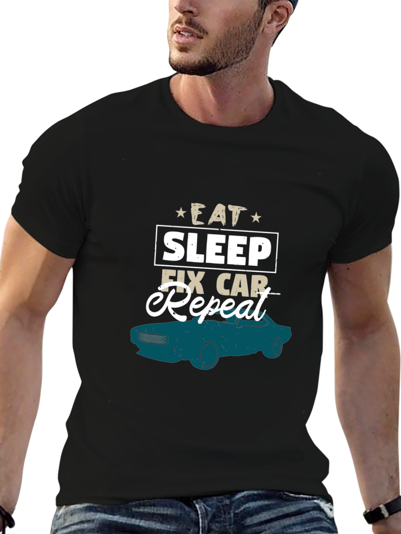 Black Eat Sleep Fix Car Repeat T-Shirt view 6