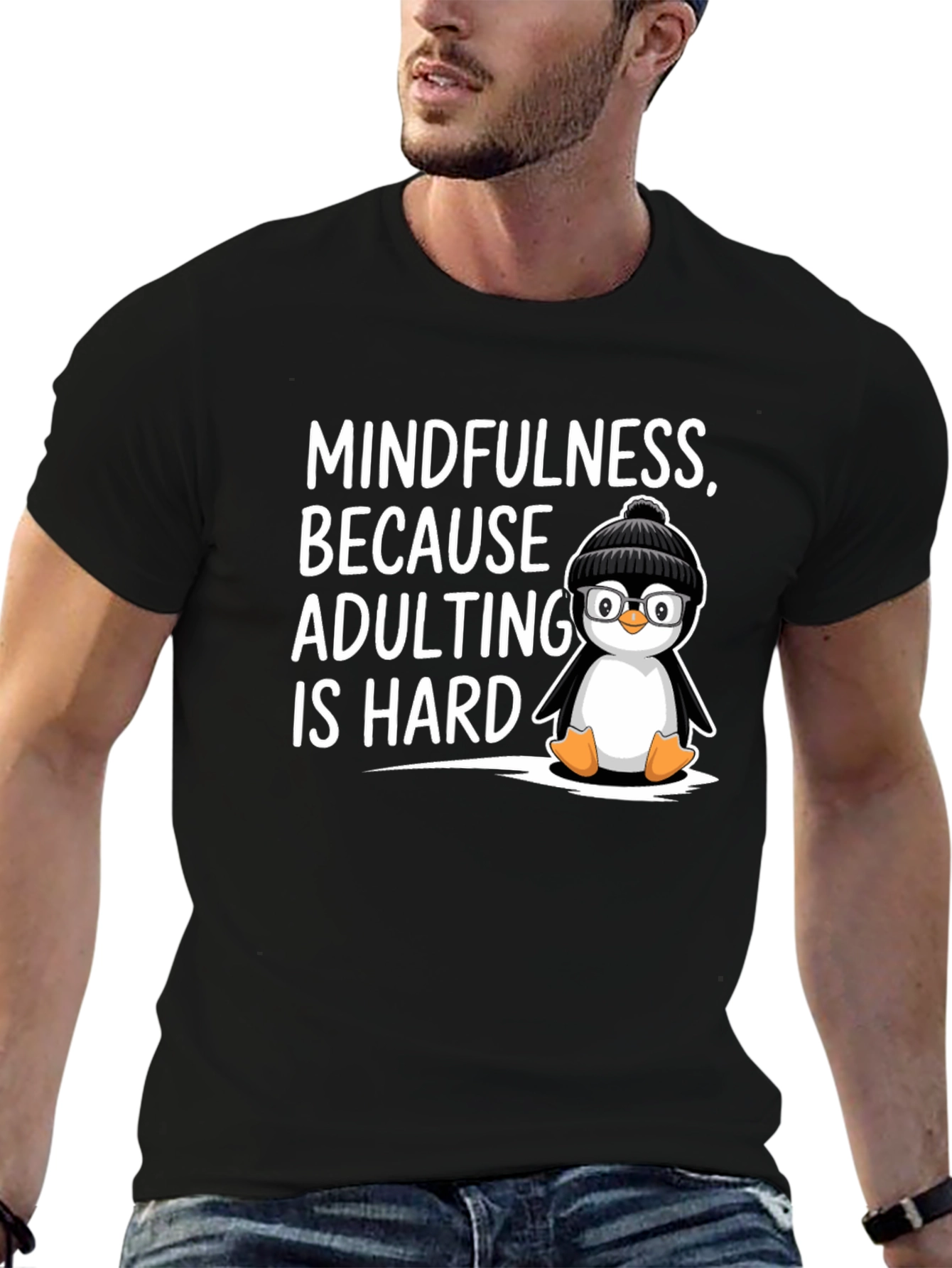 Black Mindfulness Penguin T-Shirt Adulting is Hard Humor Tee view 6