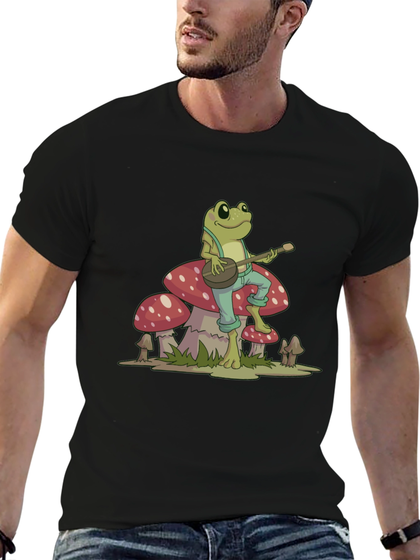 Black Frog Playing Banjo on Mushroom Graphic Tee view 6