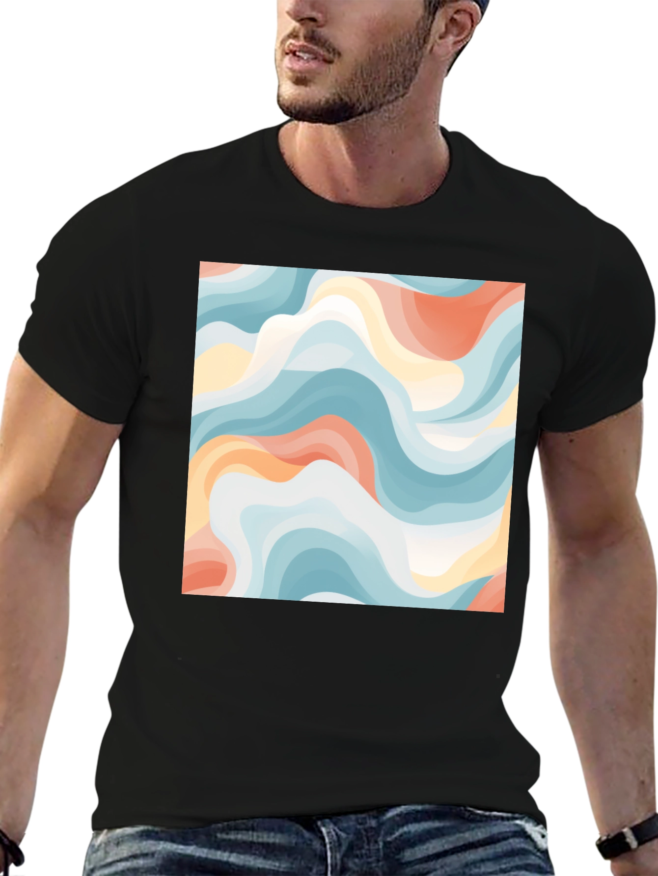 Black Abstract Wave Print Tee - Modern Art Shirt view 6