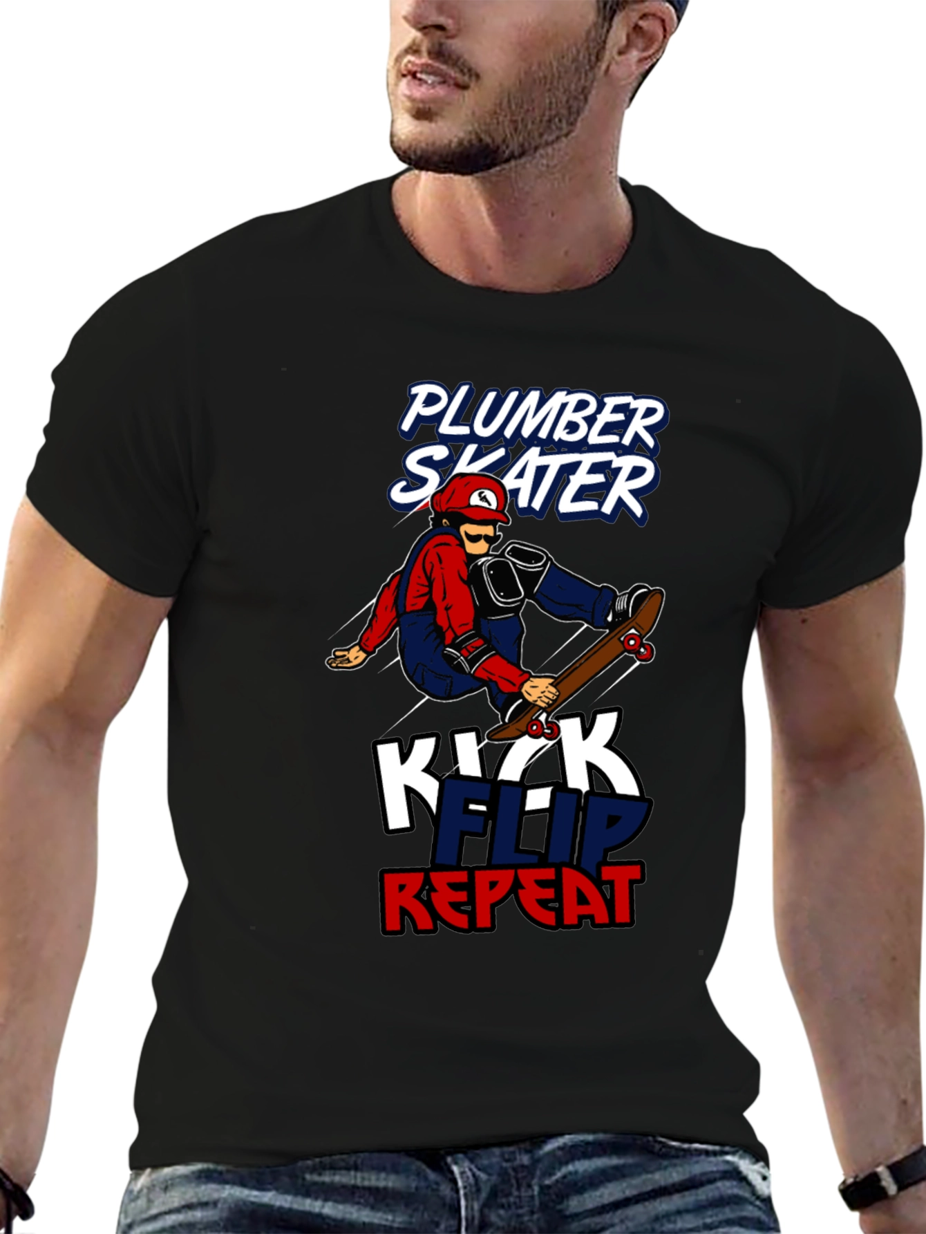 Black Plumber Skater T-Shirt - Kickflip Repeat Graphic Tee view 6