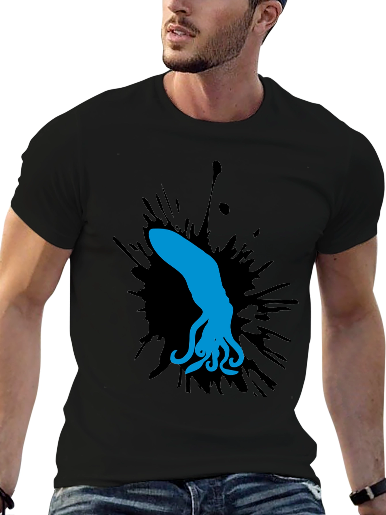 Black Blue Squid Graphic Tee - Black Cotton Shirt view 6