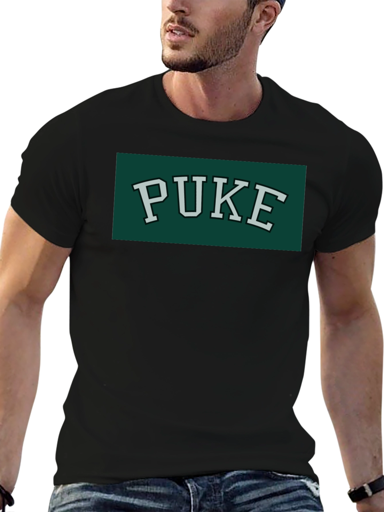 Black PUKE Text Tee - Retro College Style Graphic T-Shirt view 6